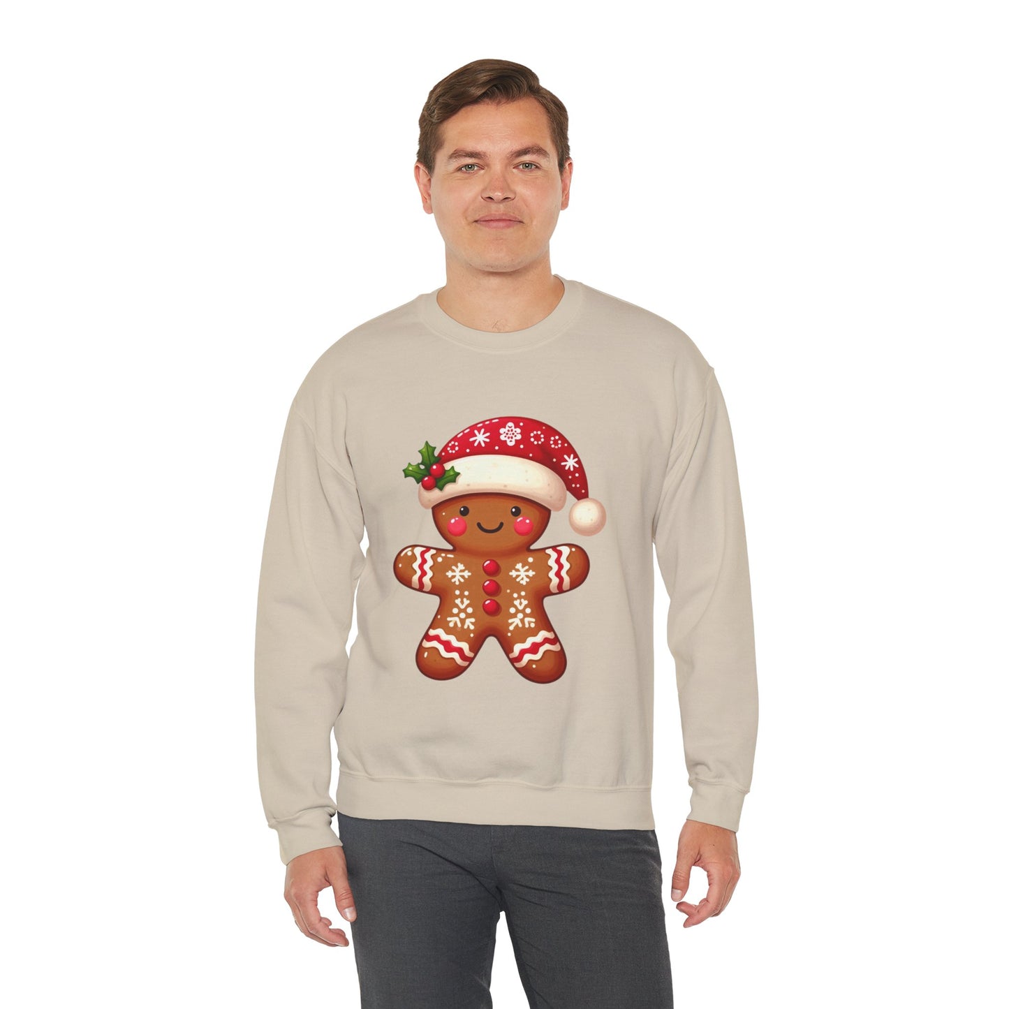 Holiday Gingerbread Man Crewneck Sweatshirt with Santa Hat Design