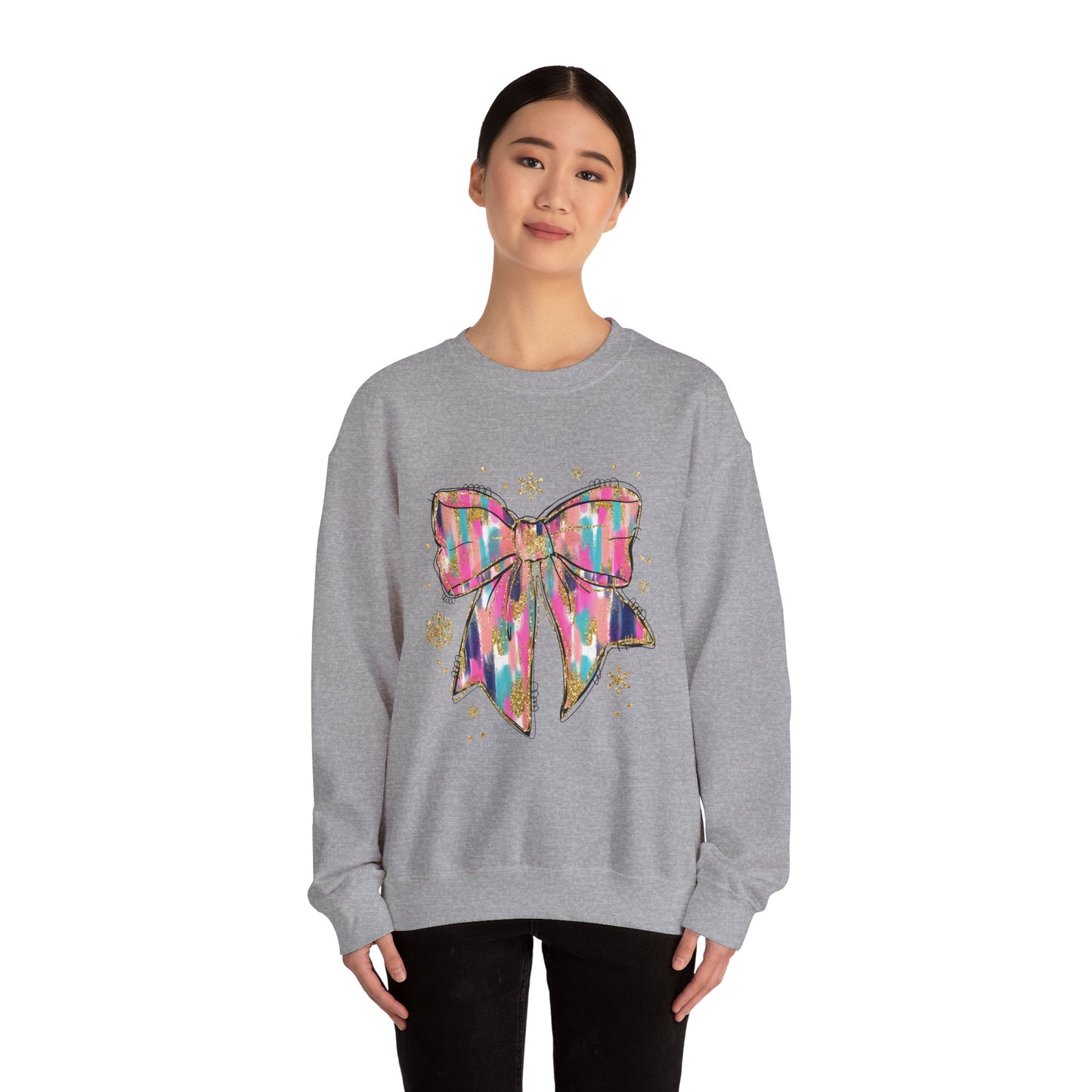 Colorful Bow Graphic Crewneck Sweatshirt, Cozy Winter Sweater, Gift for Her, Holidays, Casual Fashion
