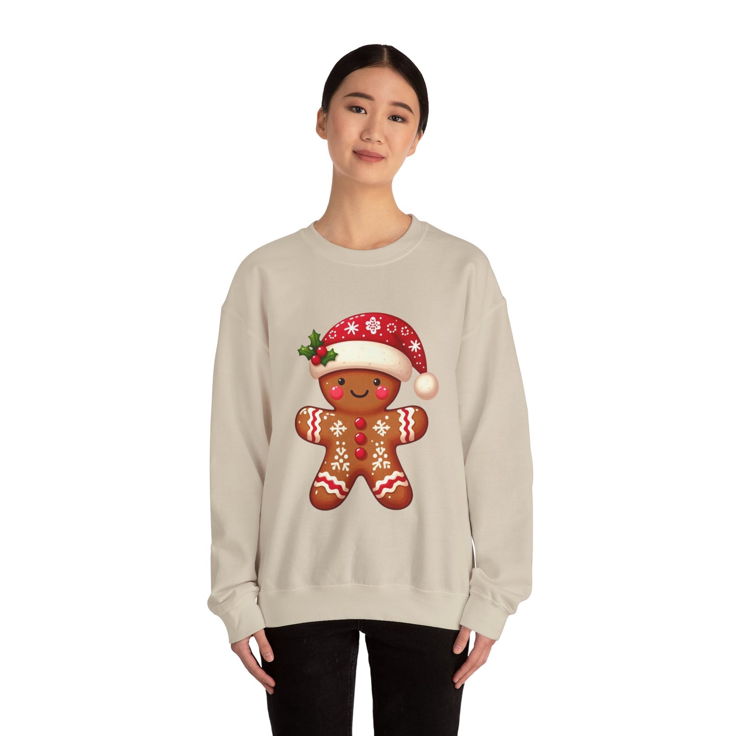 Holiday Gingerbread Man Crewneck Sweatshirt with Santa Hat Design