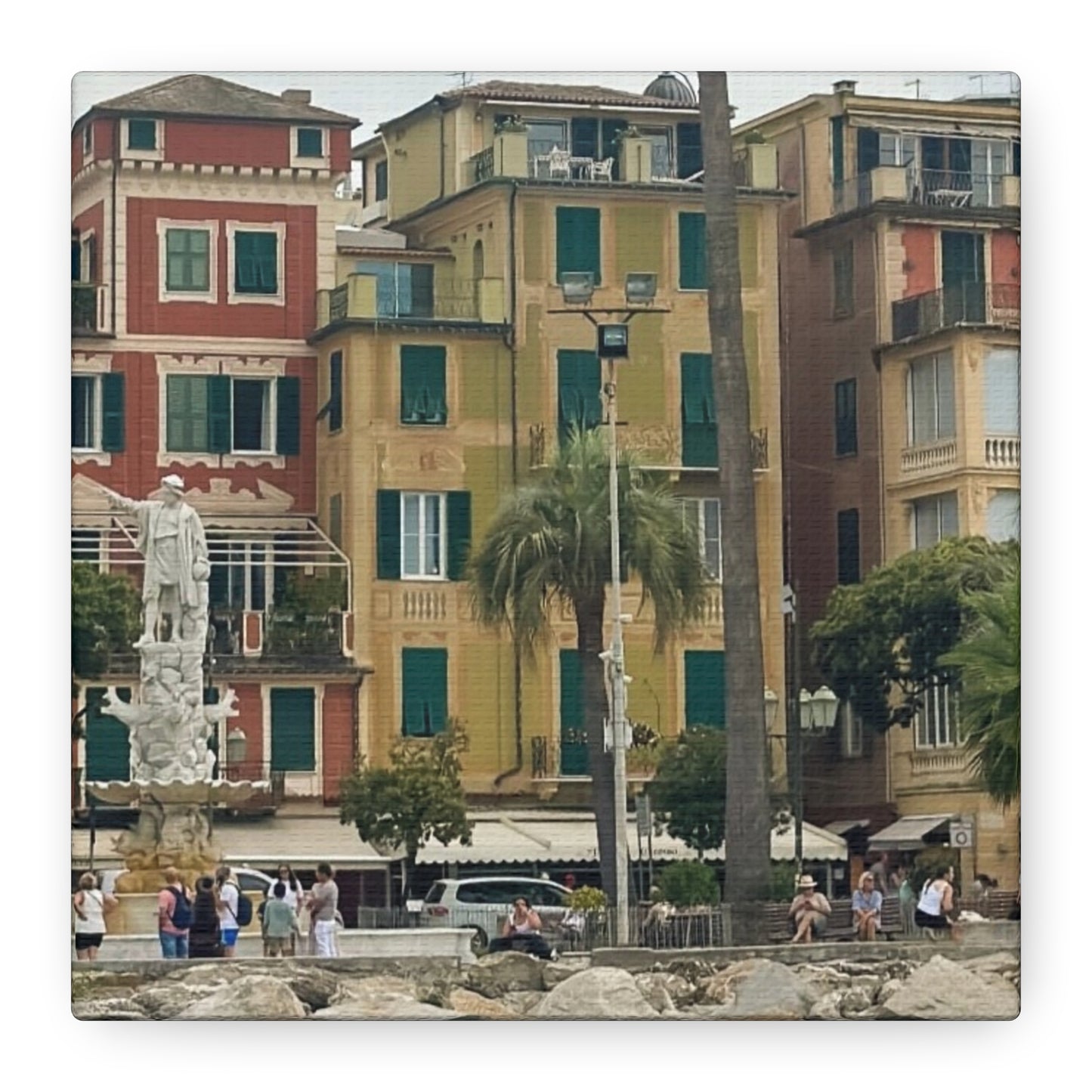 Italian Waterfront Homes - Stretched Matte Canvas Wall Art, Coastal Villa Print, Home Decor, Italain Beach Scene, Interior Design, Gift for Art Lovers
