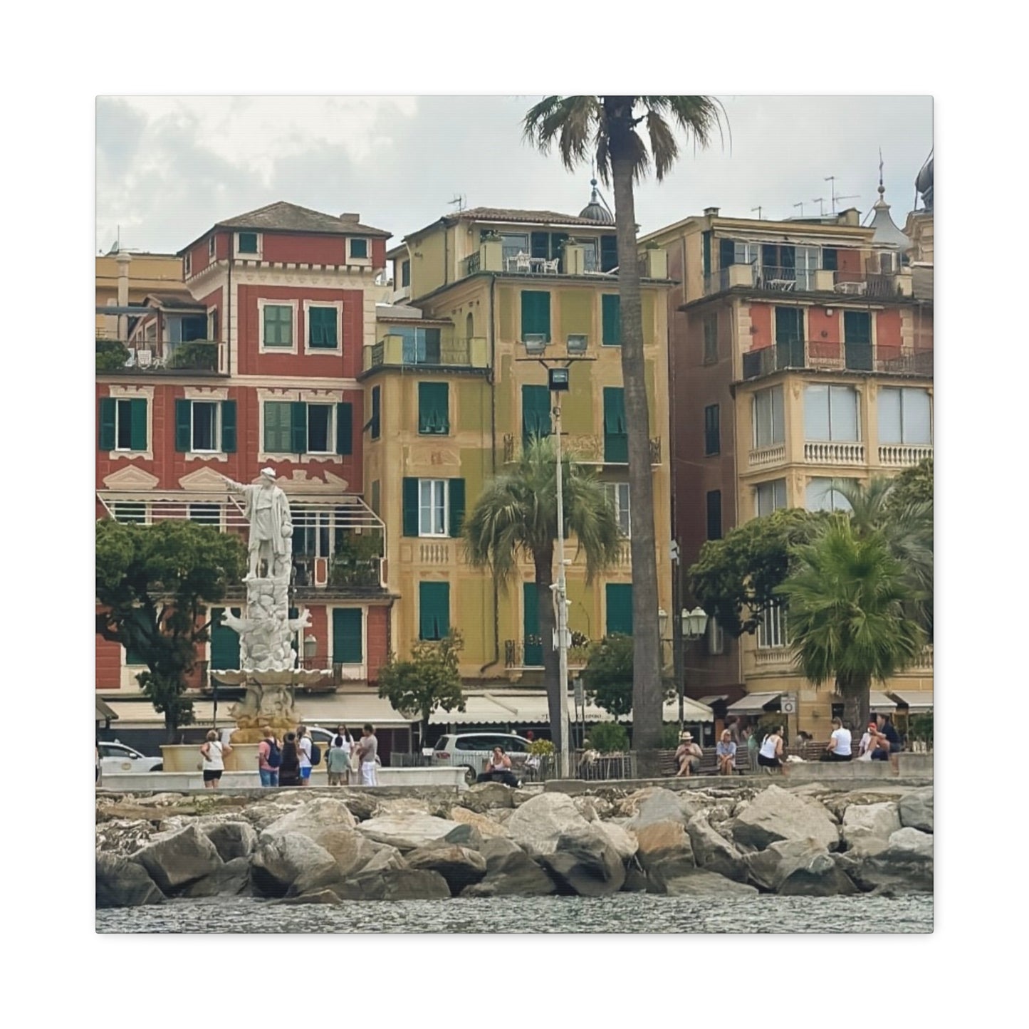 Italian Waterfront Homes - Stretched Matte Canvas Wall Art, Coastal Villa Print, Home Decor, Italain Beach Scene, Interior Design, Gift for Art Lovers