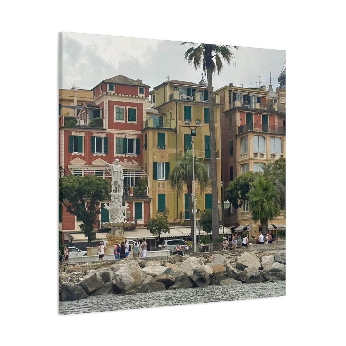 Italian Waterfront Homes - Stretched Matte Canvas Wall Art, Coastal Villa Print, Home Decor, Italain Beach Scene, Interior Design, Gift for Art Lovers