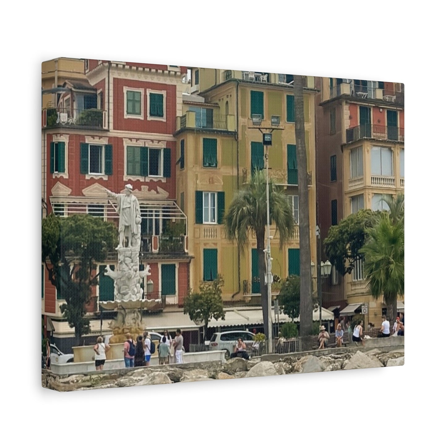Italian Waterfront Homes - Stretched Matte Canvas Wall Art, Coastal Villa Print, Home Decor, Italain Beach Scene, Interior Design, Gift for Art Lovers