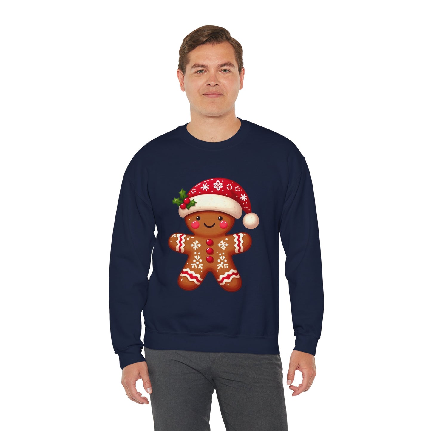 Holiday Gingerbread Man Crewneck Sweatshirt with Santa Hat Design
