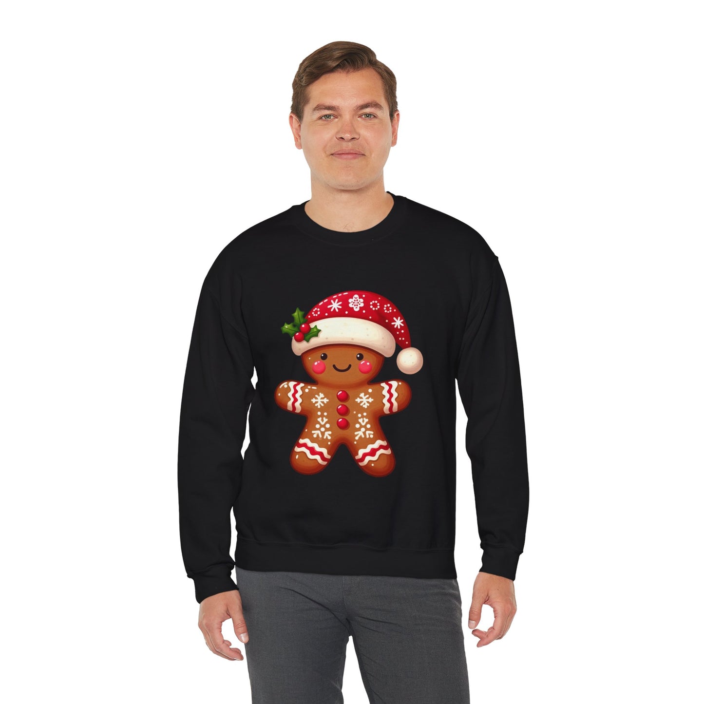 Holiday Gingerbread Man Crewneck Sweatshirt with Santa Hat Design
