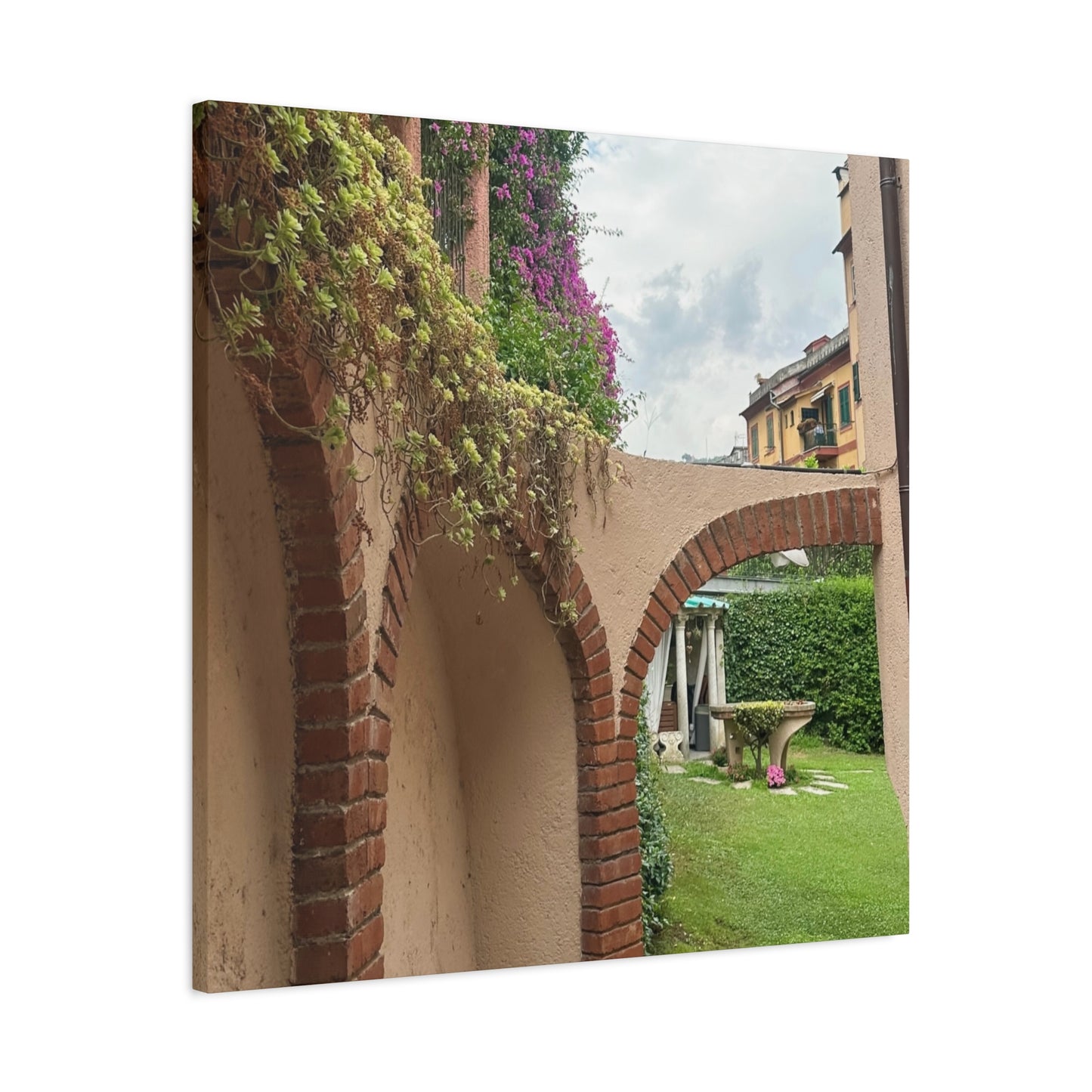 Italian Home and Courtyard Stretched Canvas Wall Art, Floral Arch Decor, Home Design, Living Room Art, Garden Wall Decor, Gift for Art Lovers