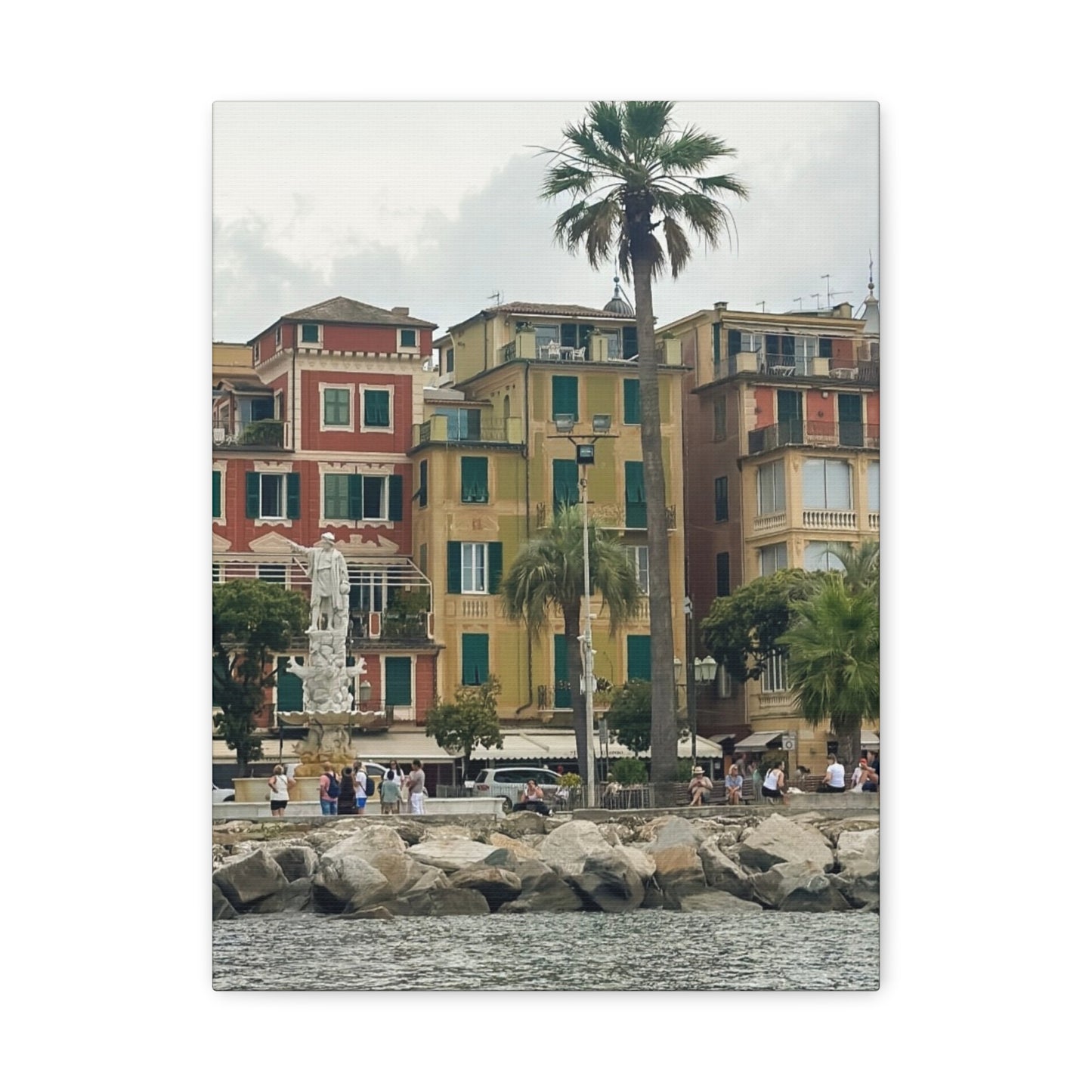 Italian Waterfront Homes - Stretched Matte Canvas Wall Art, Coastal Villa Print, Home Decor, Italain Beach Scene, Interior Design, Gift for Art Lovers