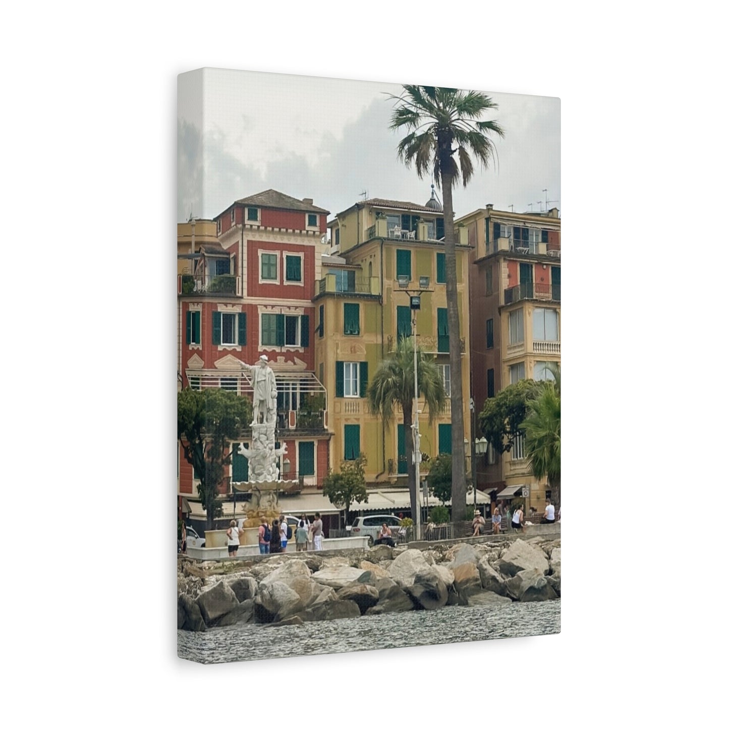 Italian Waterfront Homes - Stretched Matte Canvas Wall Art, Coastal Villa Print, Home Decor, Italain Beach Scene, Interior Design, Gift for Art Lovers