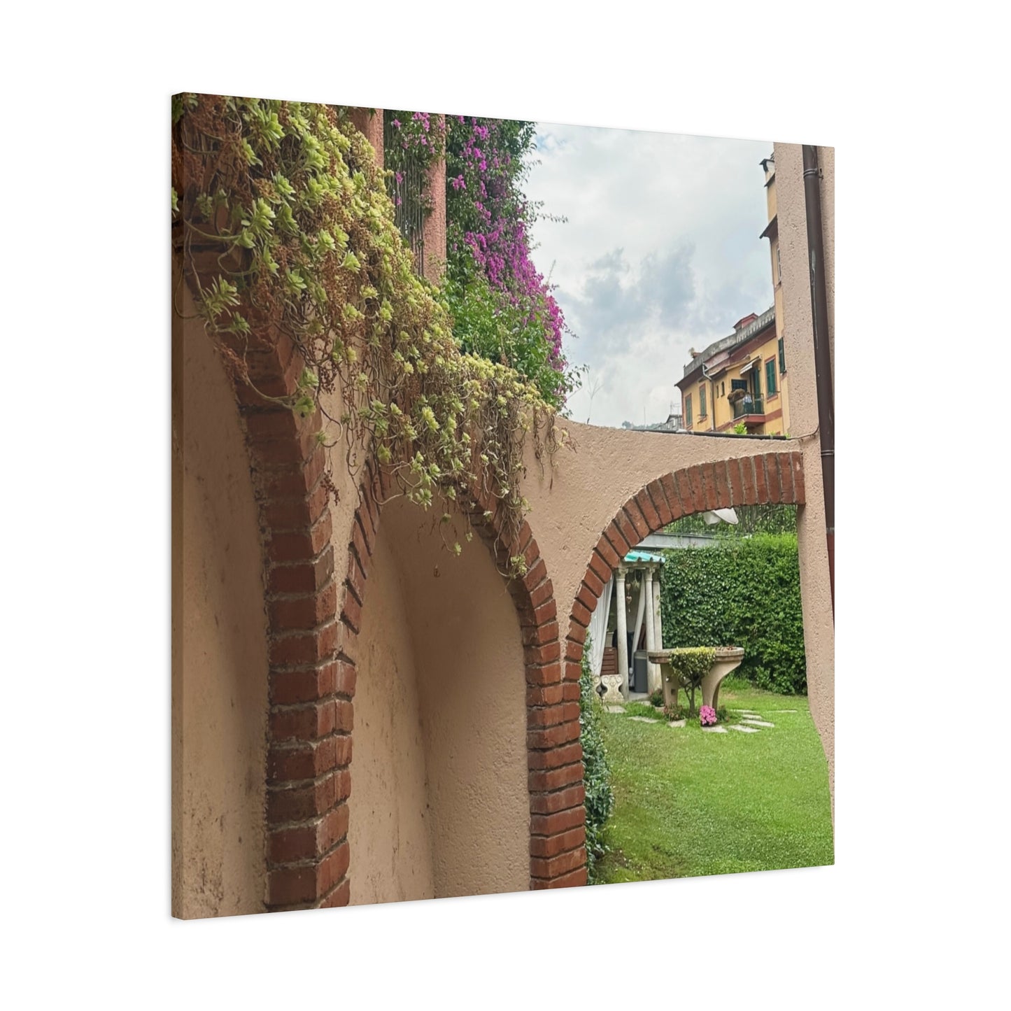 Italian Home and Courtyard Stretched Canvas Wall Art, Floral Arch Decor, Home Design, Living Room Art, Garden Wall Decor, Gift for Art Lovers