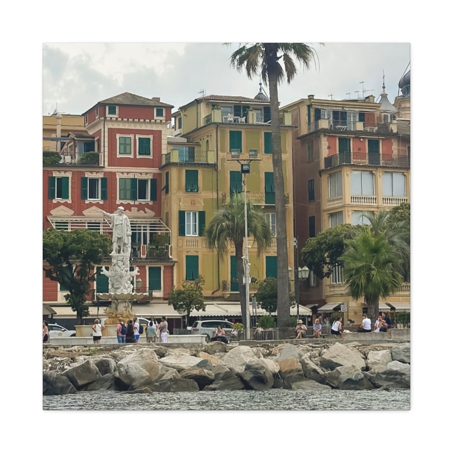 Italian Waterfront Homes - Stretched Matte Canvas Wall Art, Coastal Villa Print, Home Decor, Italain Beach Scene, Interior Design, Gift for Art Lovers