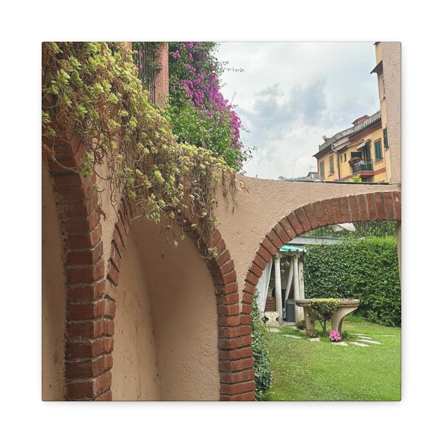 Italian Home and Courtyard Stretched Canvas Wall Art, Floral Arch Decor, Home Design, Living Room Art, Garden Wall Decor, Gift for Art Lovers