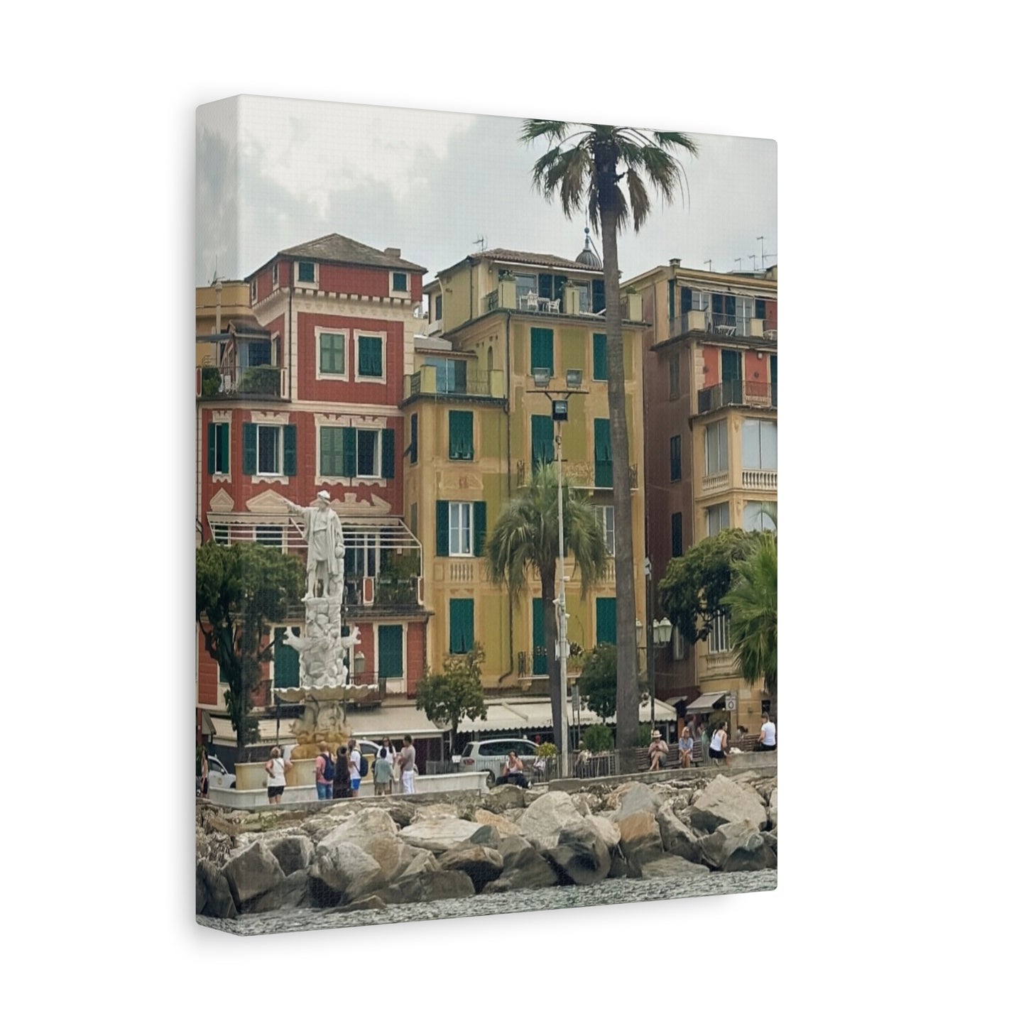 Italian Waterfront Homes - Stretched Matte Canvas Wall Art, Coastal Villa Print, Home Decor, Italain Beach Scene, Interior Design, Gift for Art Lovers