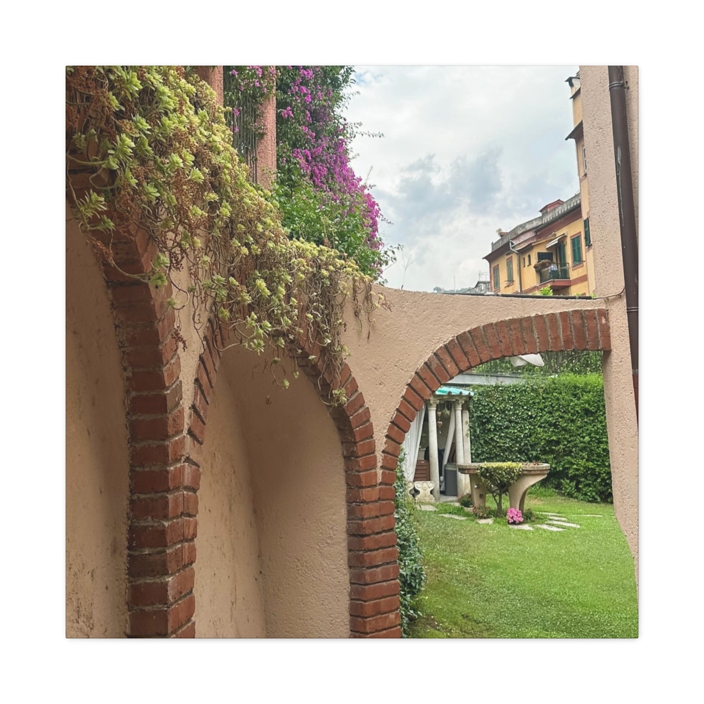 Italian Home and Courtyard Stretched Canvas Wall Art, Floral Arch Decor, Home Design, Living Room Art, Garden Wall Decor, Gift for Art Lovers