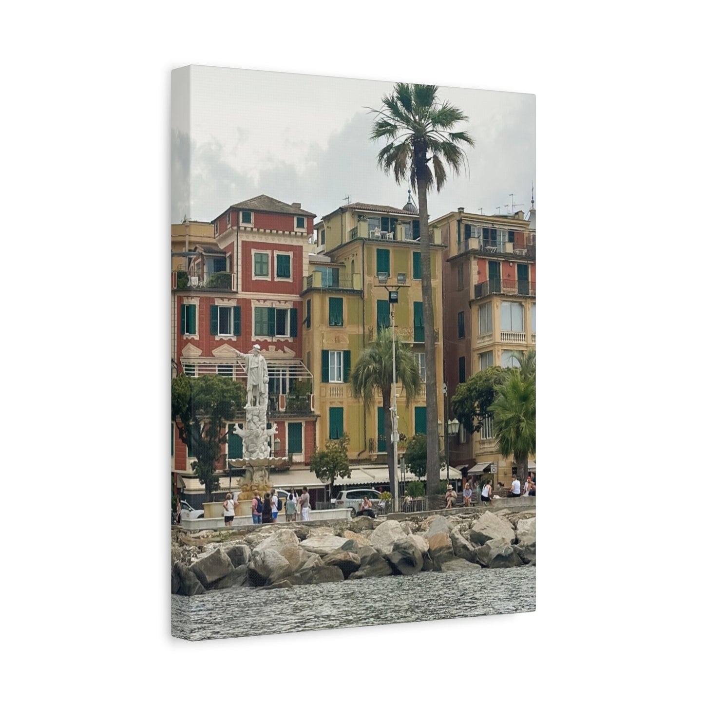 Italian Waterfront Homes - Stretched Matte Canvas Wall Art, Coastal Villa Print, Home Decor, Italain Beach Scene, Interior Design, Gift for Art Lovers