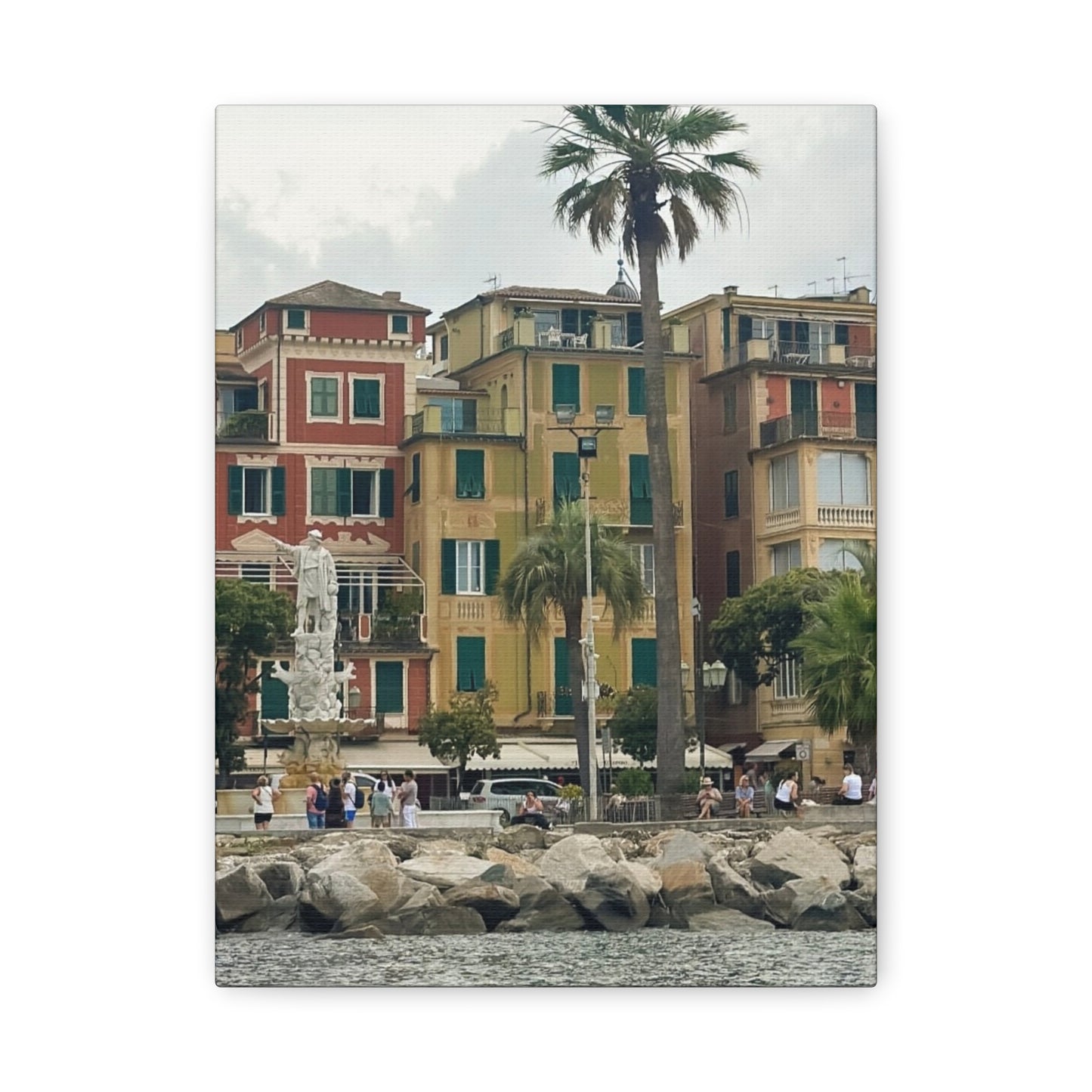 Italian Waterfront Homes - Stretched Matte Canvas Wall Art, Coastal Villa Print, Home Decor, Italain Beach Scene, Interior Design, Gift for Art Lovers