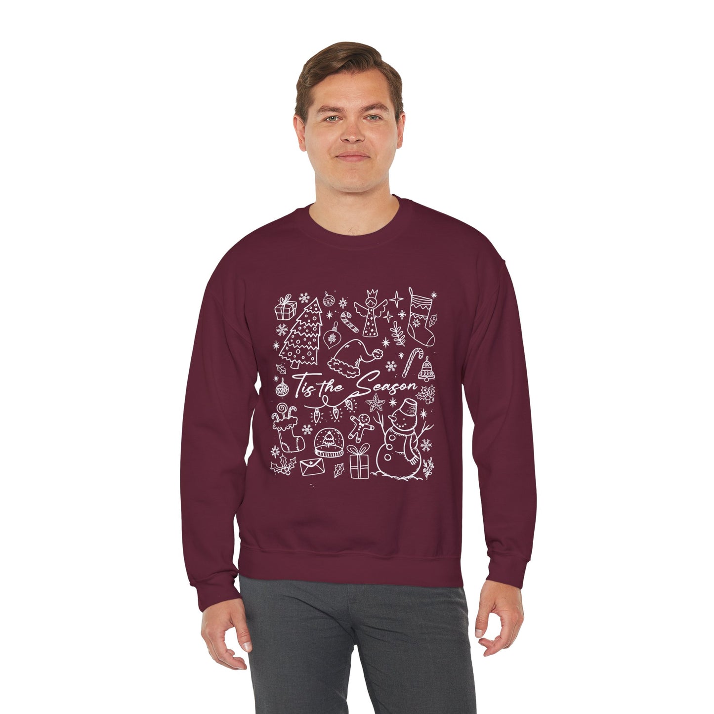 White- Christmas Doodle Line Festive Crewneck Sweatshirt, Cozy Holiday Sweatshirt, Perfect for Christmas, Seasonal Gift, Winter Wear