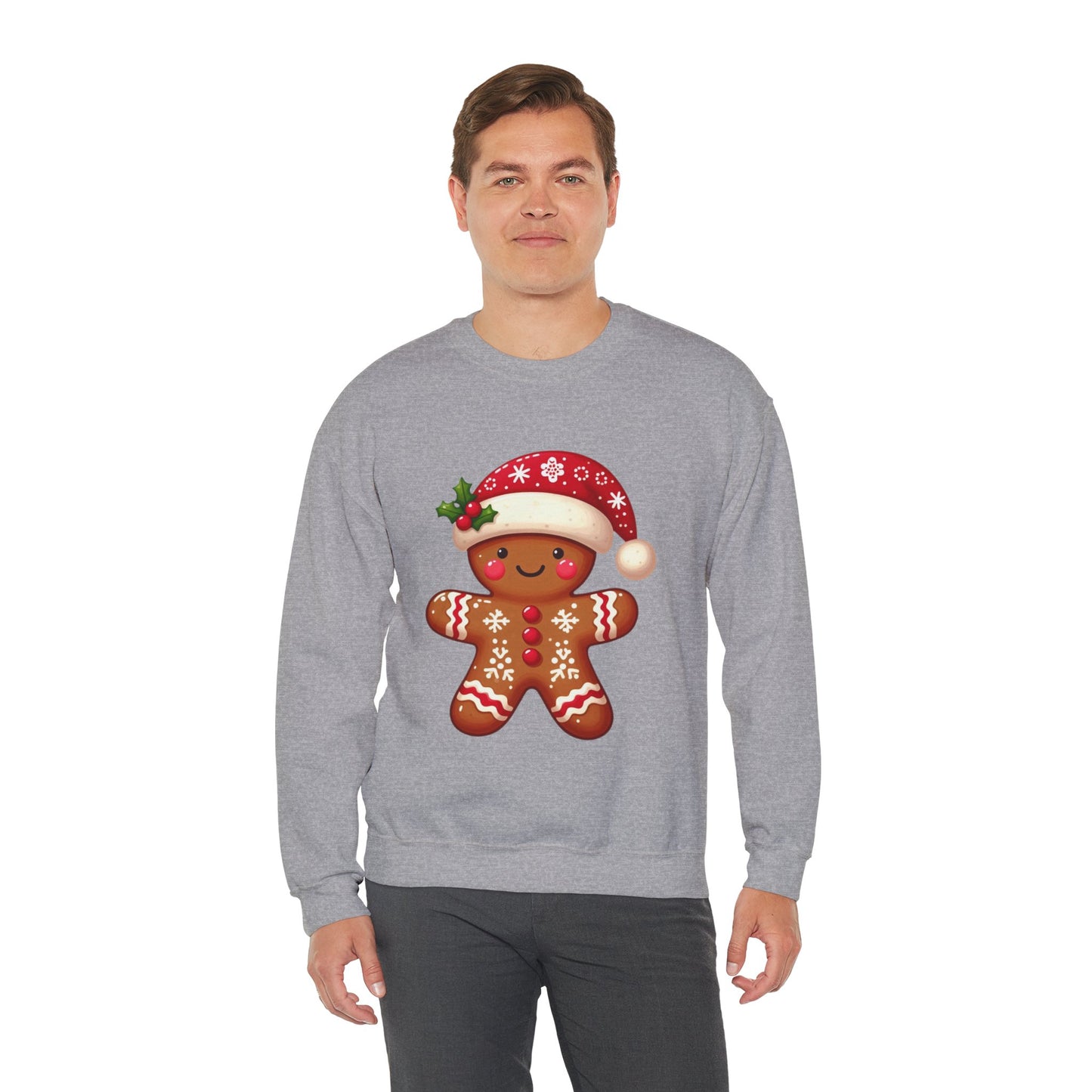 Holiday Gingerbread Man Crewneck Sweatshirt with Santa Hat Design