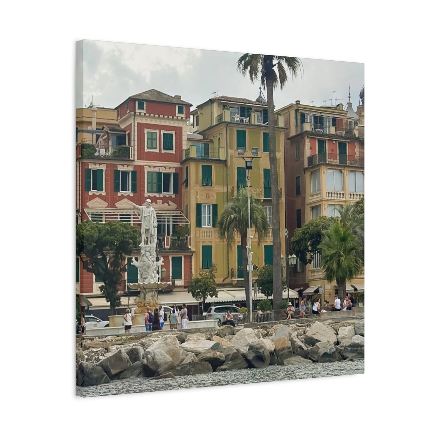Italian Waterfront Homes - Stretched Matte Canvas Wall Art, Coastal Villa Print, Home Decor, Italain Beach Scene, Interior Design, Gift for Art Lovers