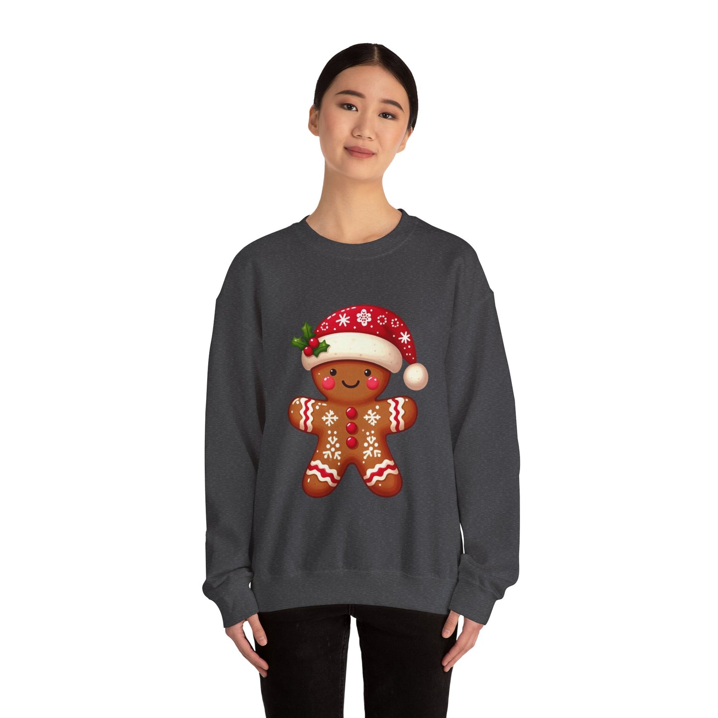 Holiday Gingerbread Man Crewneck Sweatshirt with Santa Hat Design