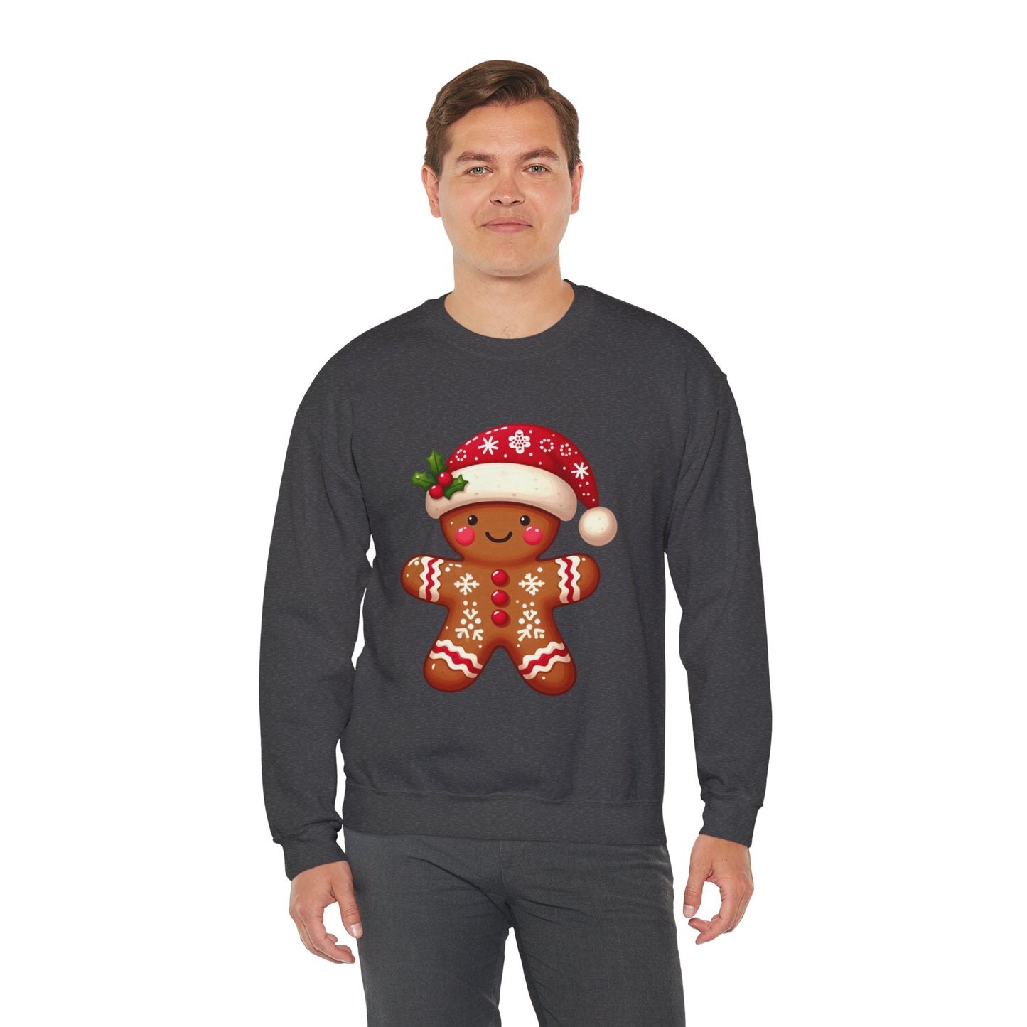 Holiday Gingerbread Man Crewneck Sweatshirt with Santa Hat Design
