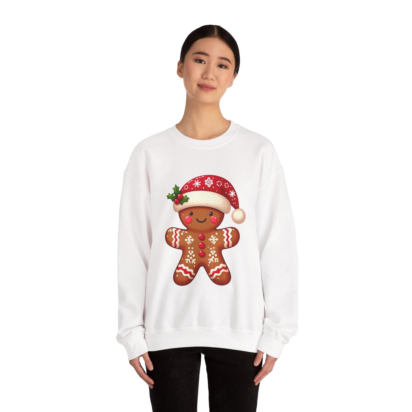 Holiday Gingerbread Man Crewneck Sweatshirt with Santa Hat Design