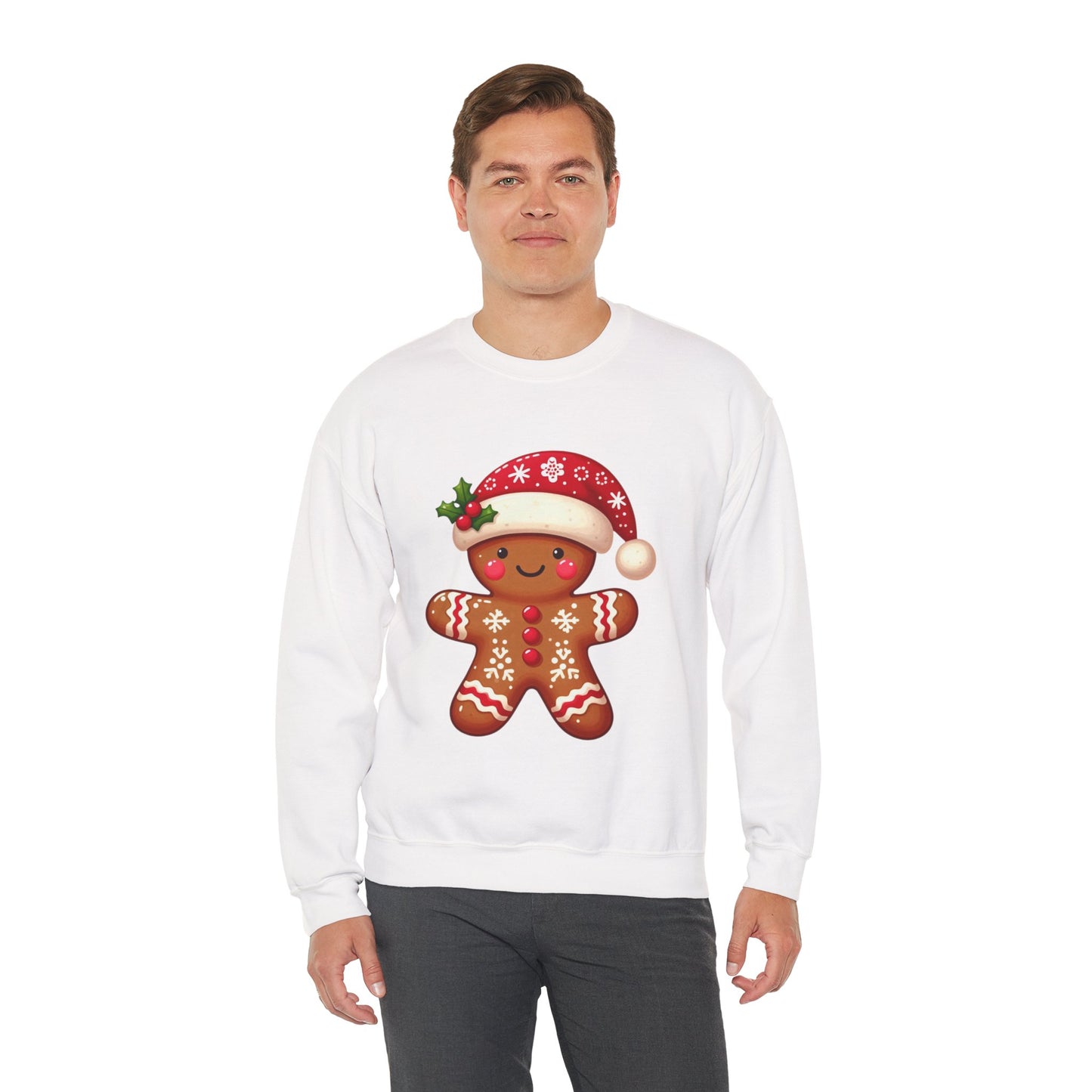 Holiday Gingerbread Man Crewneck Sweatshirt with Santa Hat Design
