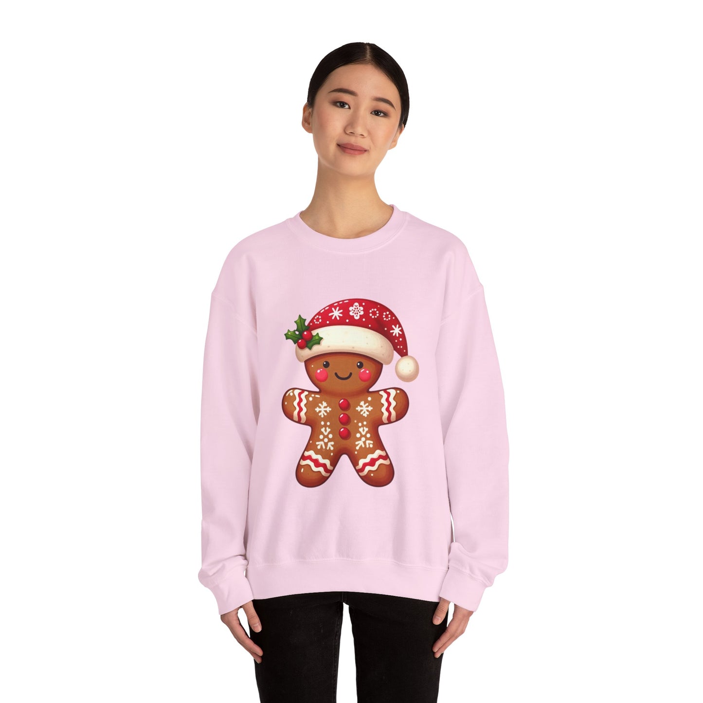 Holiday Gingerbread Man Crewneck Sweatshirt with Santa Hat Design