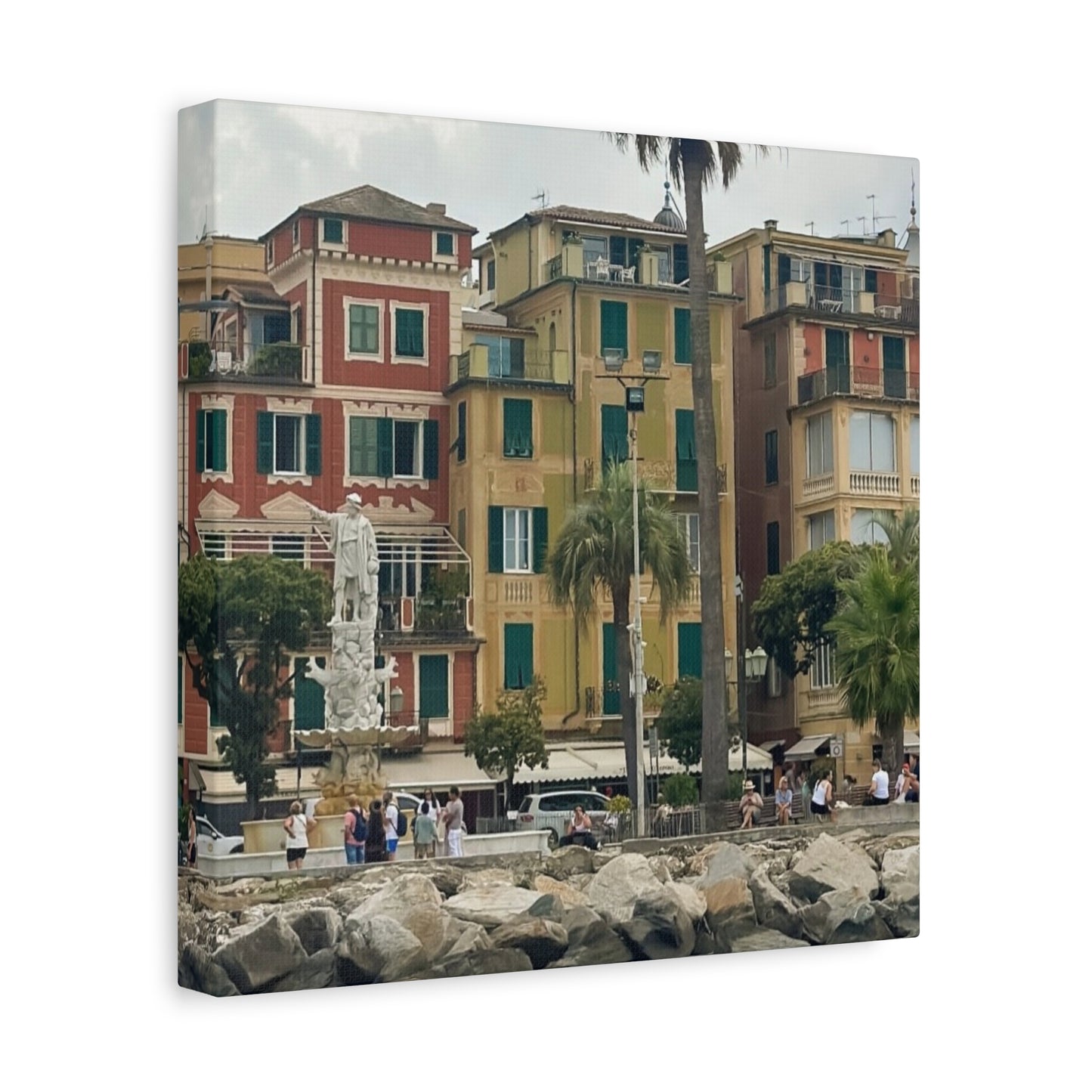 Italian Waterfront Homes - Stretched Matte Canvas Wall Art, Coastal Villa Print, Home Decor, Italain Beach Scene, Interior Design, Gift for Art Lovers