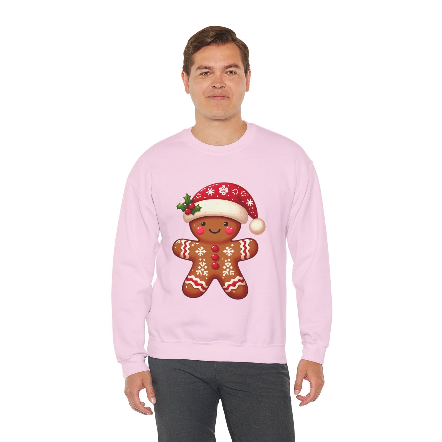 Holiday Gingerbread Man Crewneck Sweatshirt with Santa Hat Design
