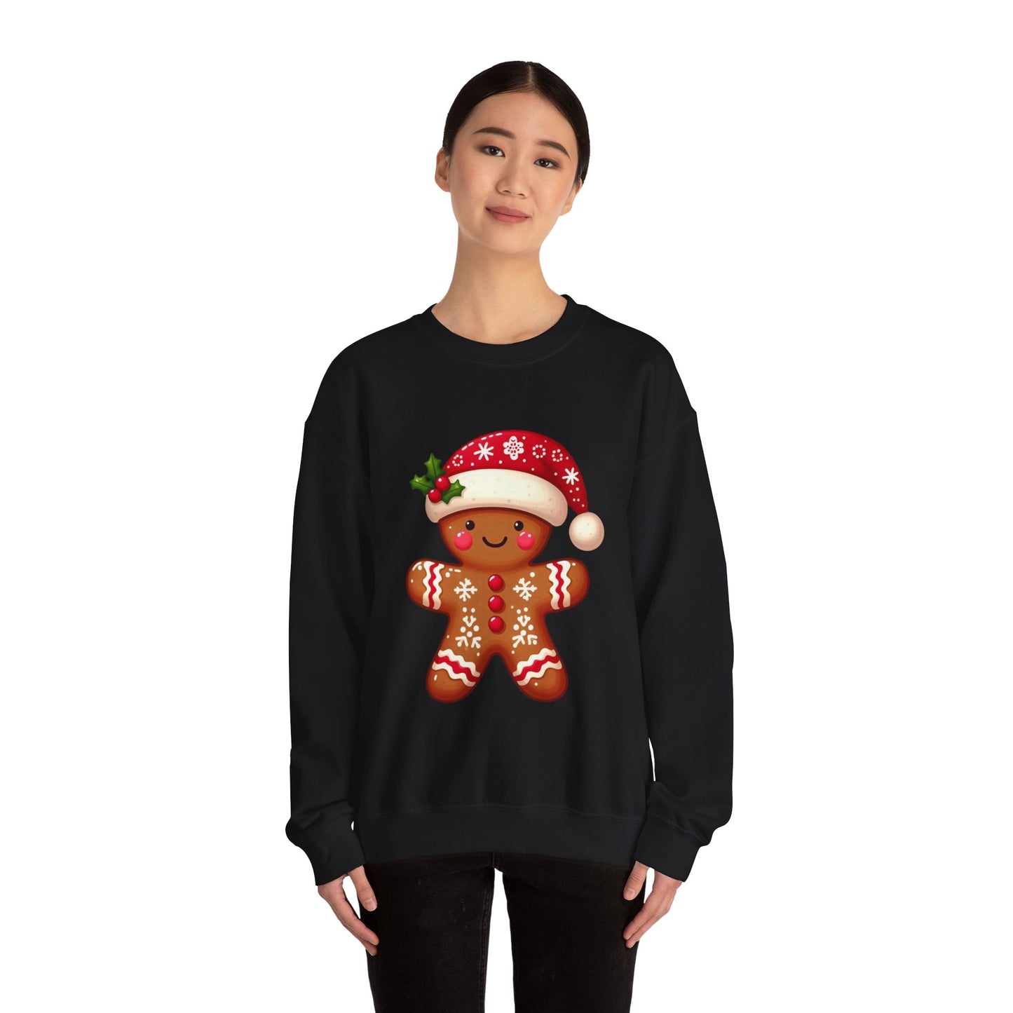 Holiday Gingerbread Man Crewneck Sweatshirt with Santa Hat Design