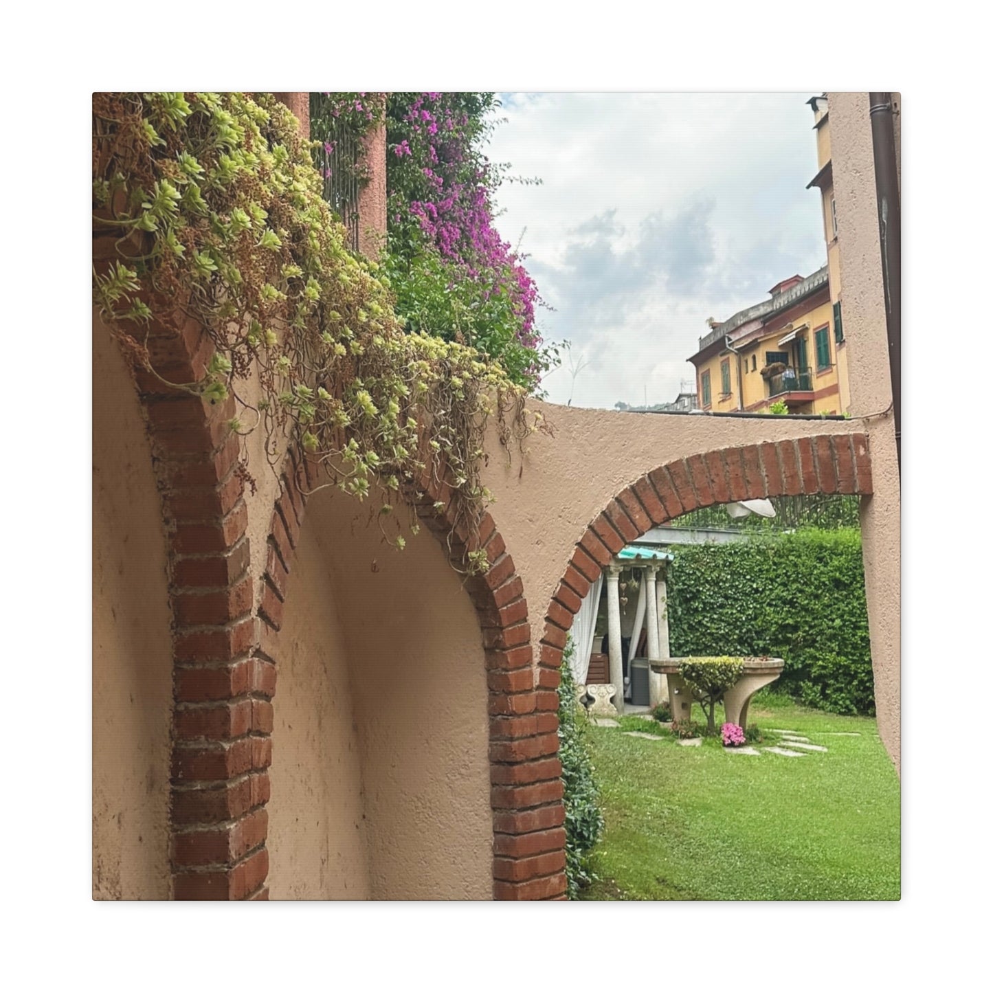 Italian Home and Courtyard Stretched Canvas Wall Art, Floral Arch Decor, Home Design, Living Room Art, Garden Wall Decor, Gift for Art Lovers