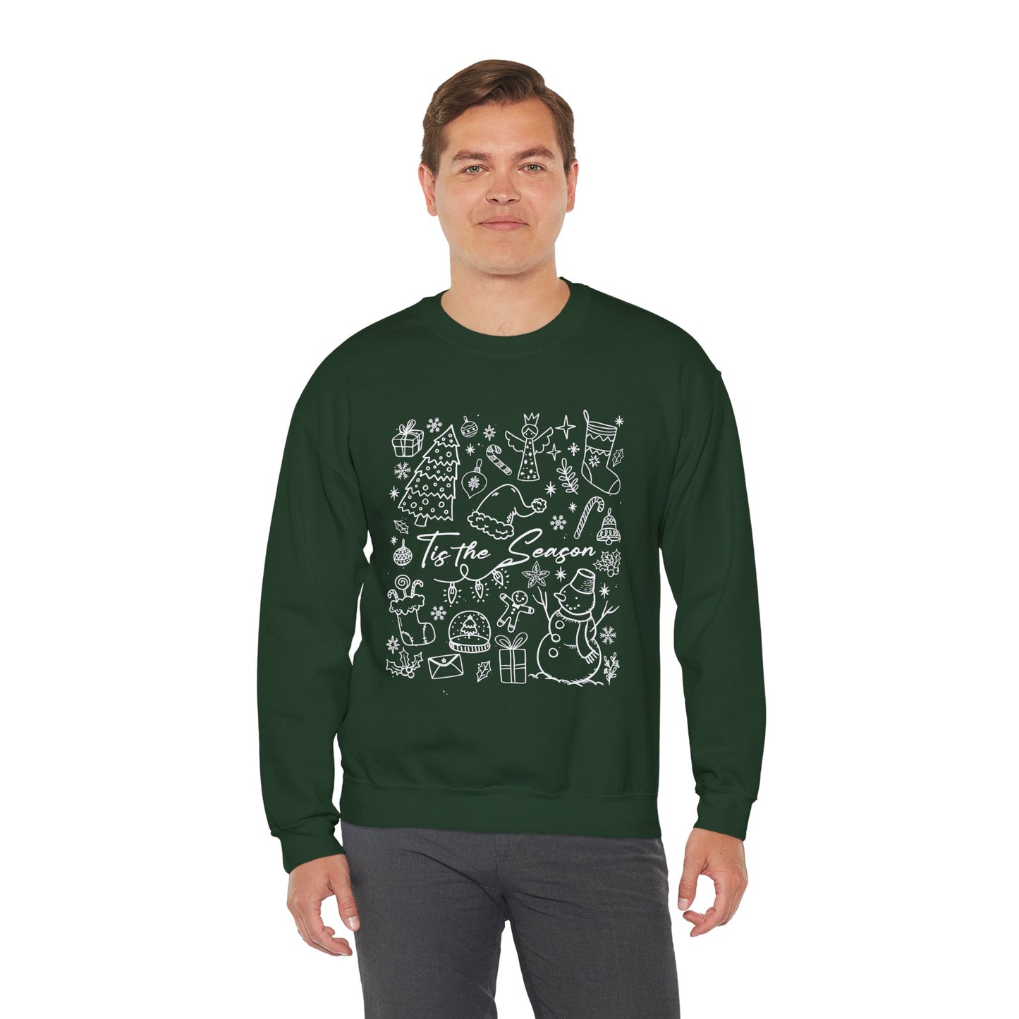 White- Christmas Doodle Line Festive Crewneck Sweatshirt, Cozy Holiday Sweatshirt, Perfect for Christmas, Seasonal Gift, Winter Wear