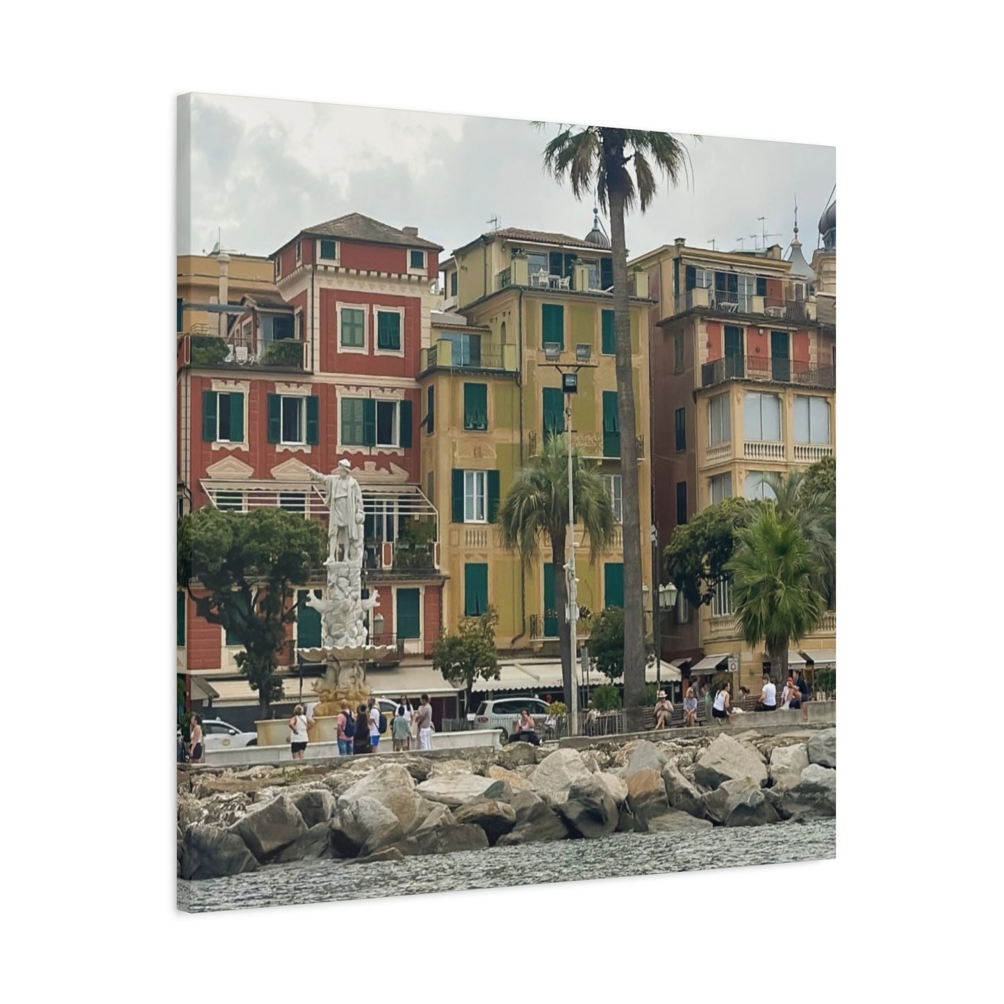 Italian Waterfront Homes - Stretched Matte Canvas Wall Art, Coastal Villa Print, Home Decor, Italain Beach Scene, Interior Design, Gift for Art Lovers