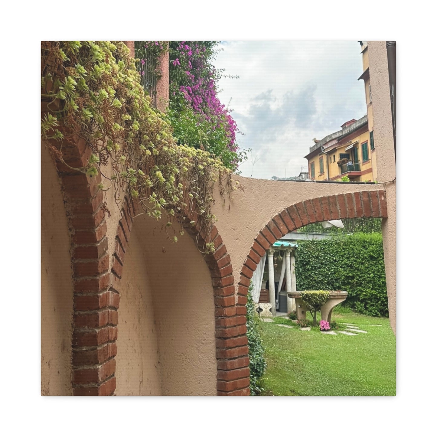 Italian Home and Courtyard Stretched Canvas Wall Art, Floral Arch Decor, Home Design, Living Room Art, Garden Wall Decor, Gift for Art Lovers