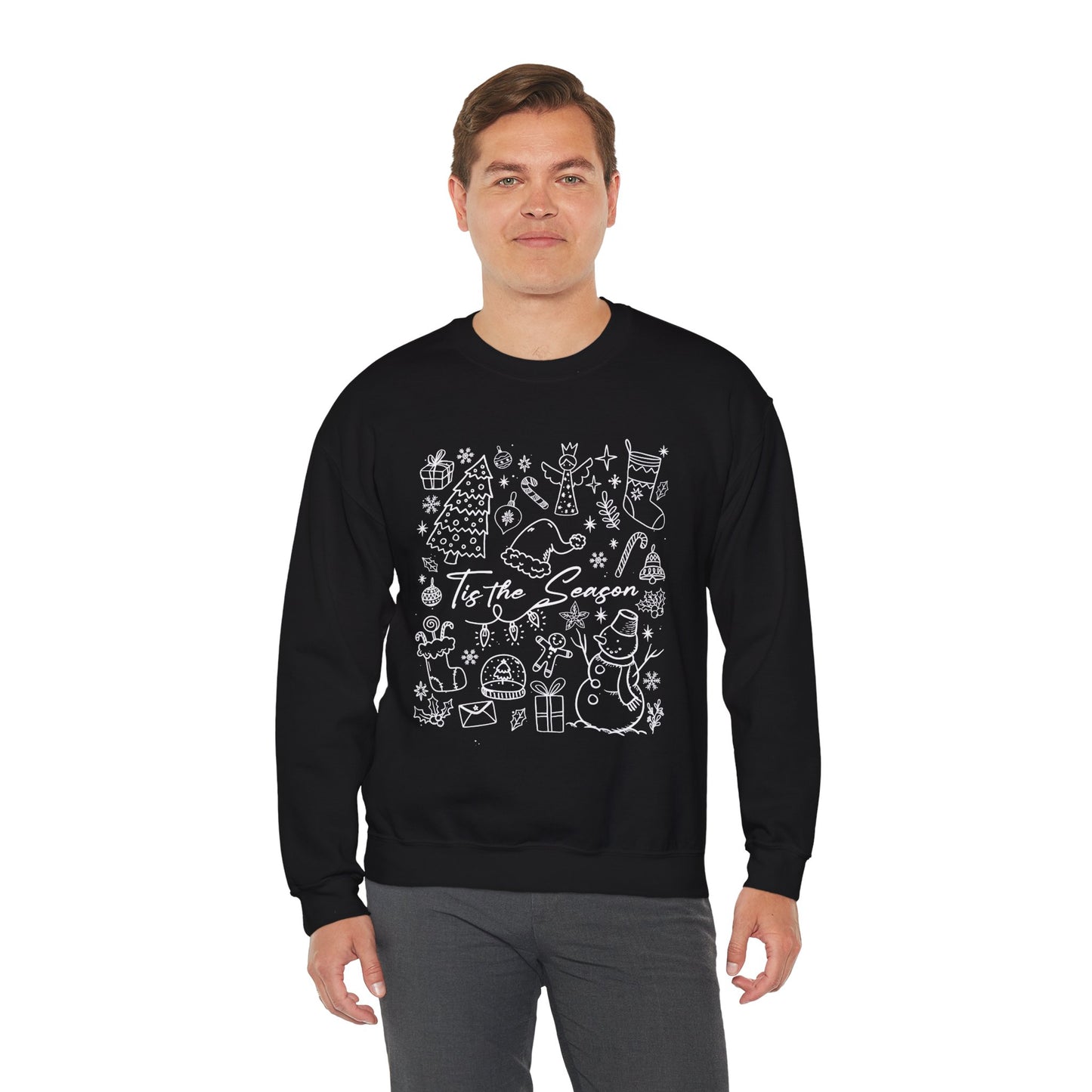 White- Christmas Doodle Line Festive Crewneck Sweatshirt, Cozy Holiday Sweatshirt, Perfect for Christmas, Seasonal Gift, Winter Wear