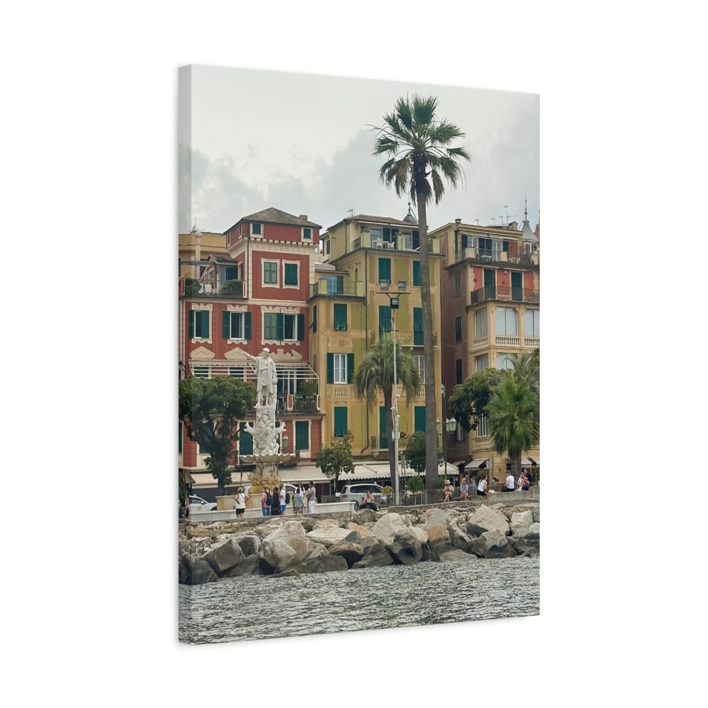 Italian Waterfront Homes - Stretched Matte Canvas Wall Art, Coastal Villa Print, Home Decor, Italain Beach Scene, Interior Design, Gift for Art Lovers