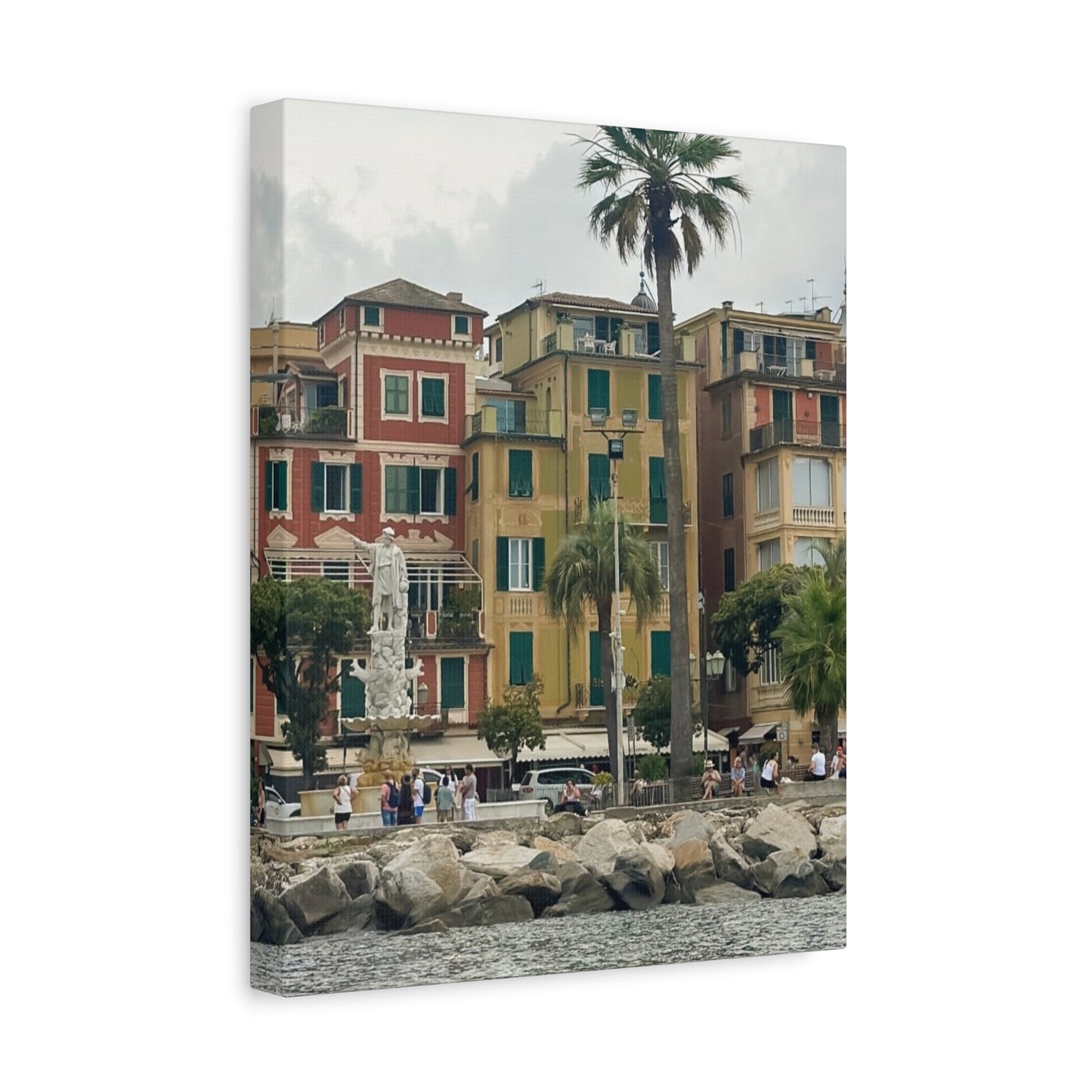 Italian Waterfront Homes - Stretched Matte Canvas Wall Art, Coastal Villa Print, Home Decor, Italain Beach Scene, Interior Design, Gift for Art Lovers