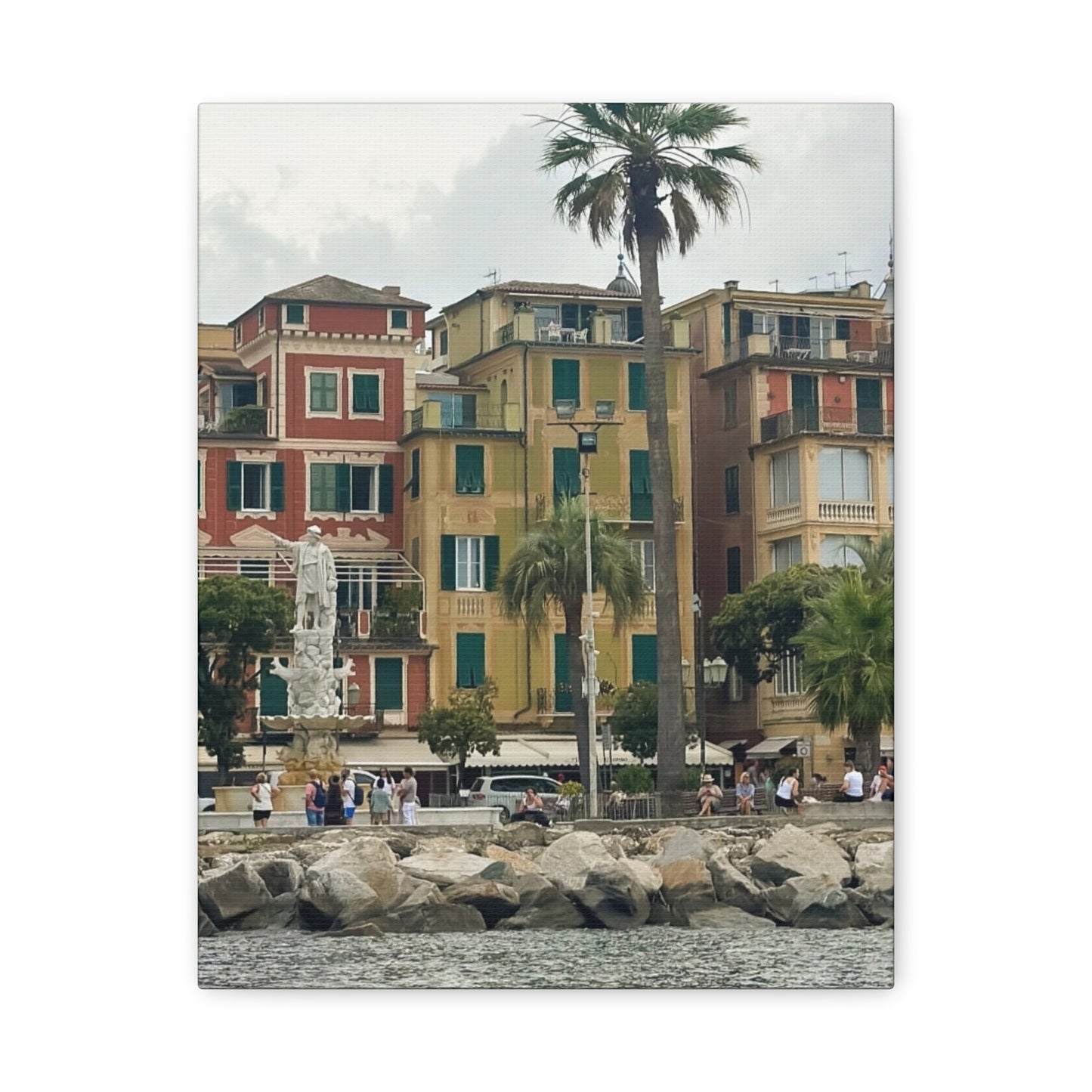 Italian Waterfront Homes - Stretched Matte Canvas Wall Art, Coastal Villa Print, Home Decor, Italain Beach Scene, Interior Design, Gift for Art Lovers