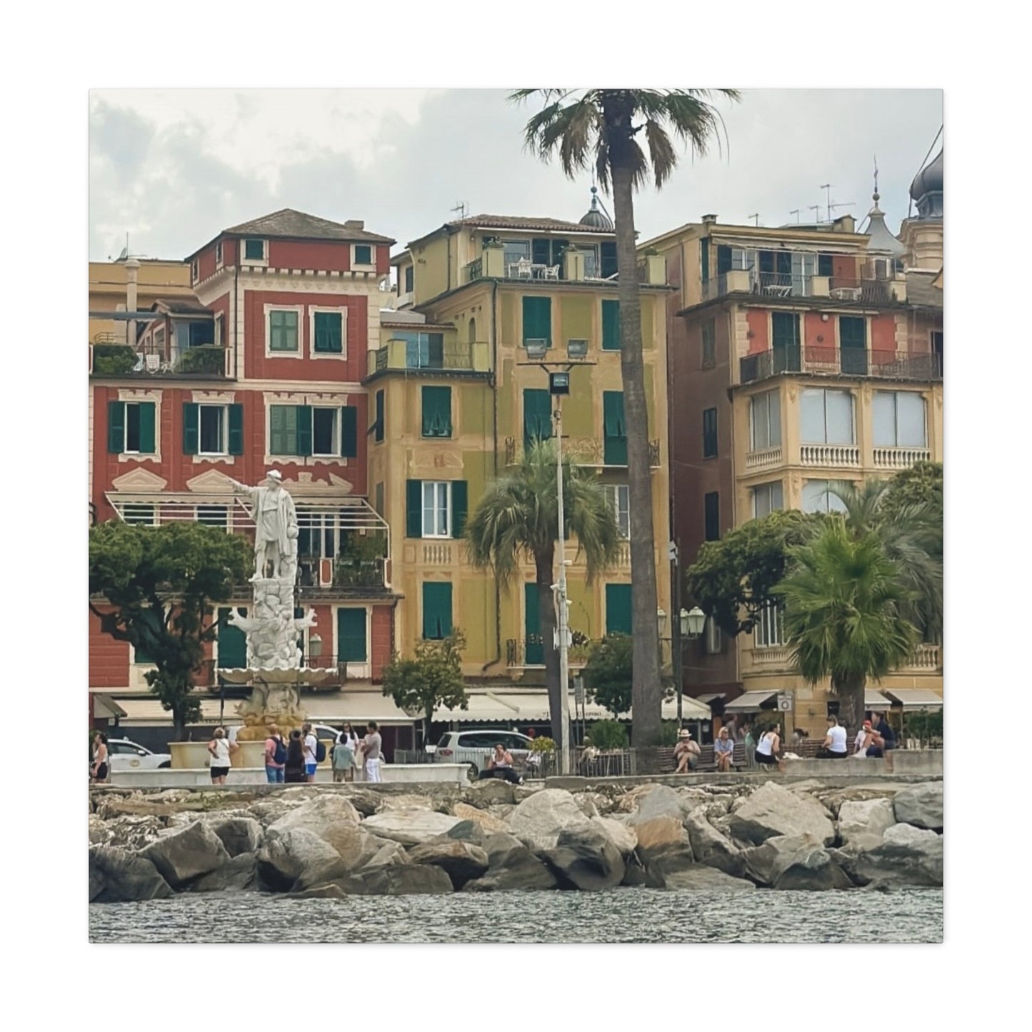 Italian Waterfront Homes - Stretched Matte Canvas Wall Art, Coastal Villa Print, Home Decor, Italain Beach Scene, Interior Design, Gift for Art Lovers