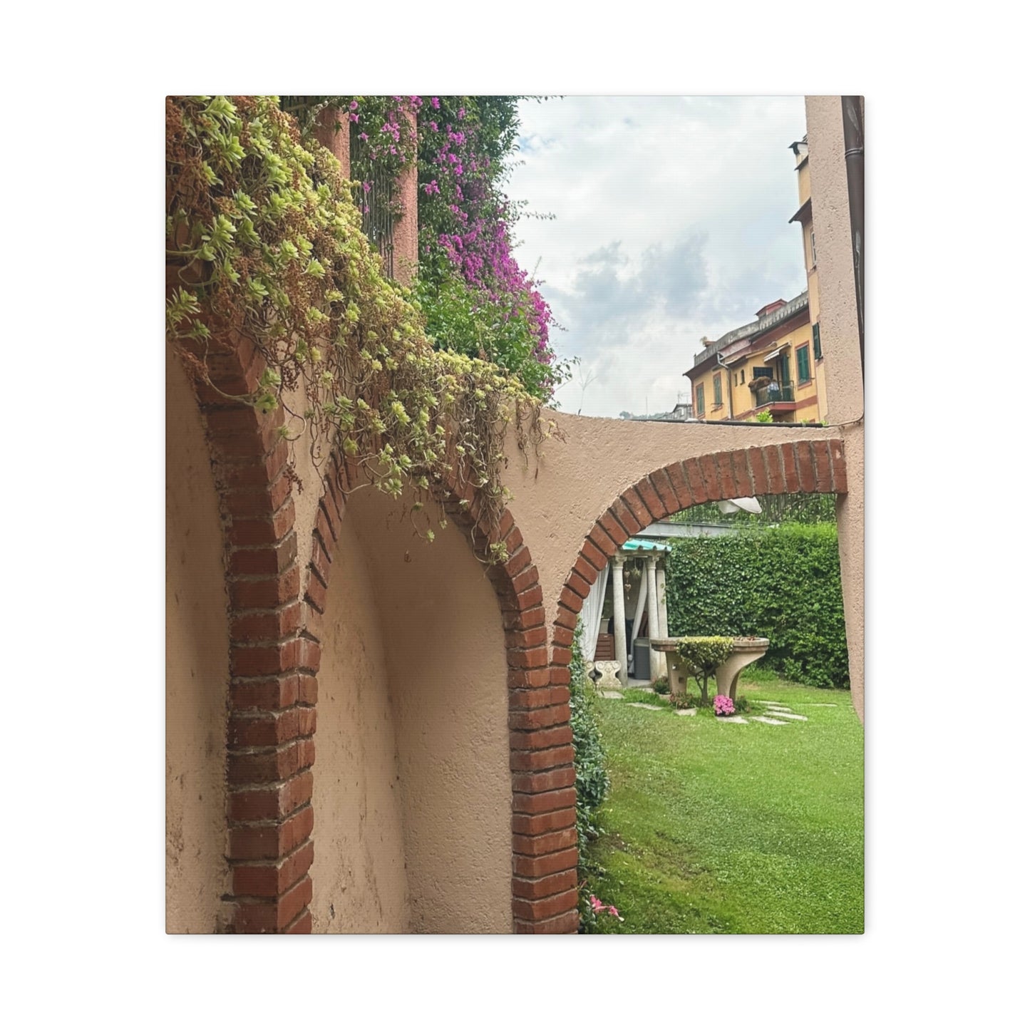 Italian Home and Courtyard Stretched Canvas Wall Art, Floral Arch Decor, Home Design, Living Room Art, Garden Wall Decor, Gift for Art Lovers
