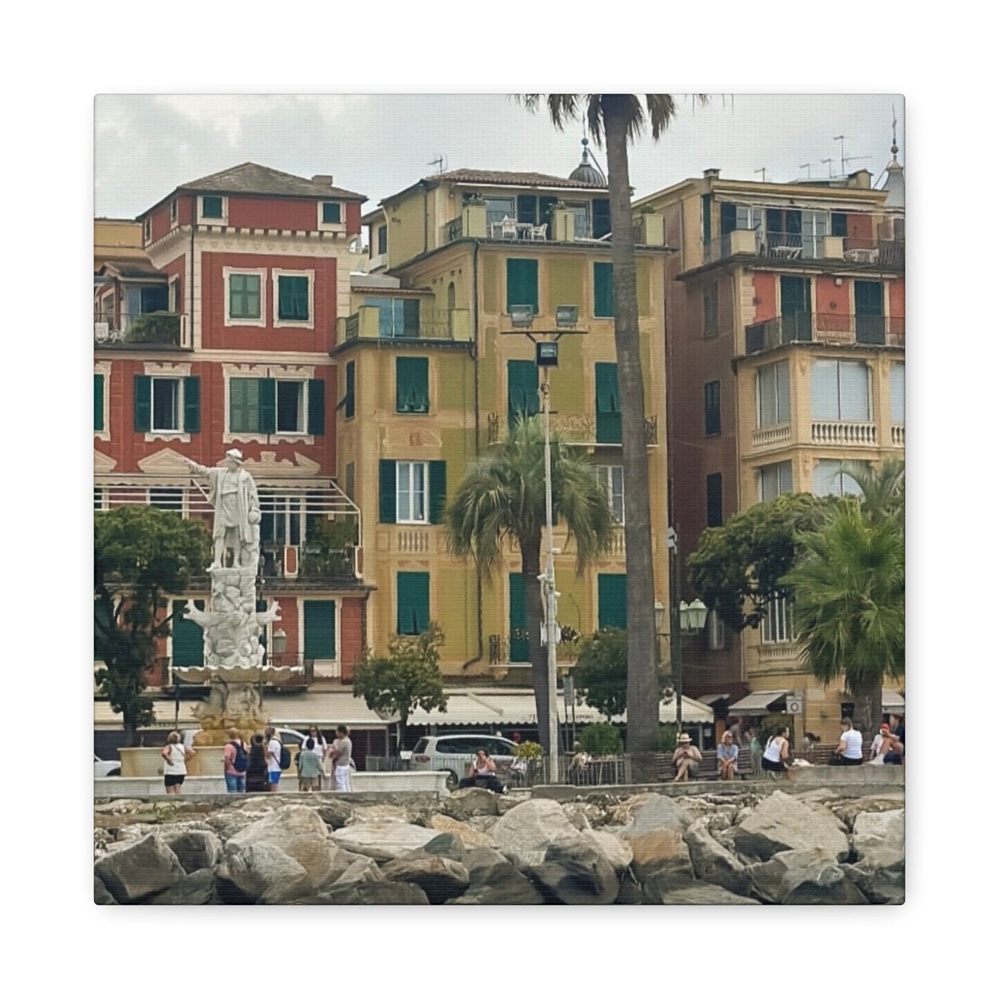Italian Waterfront Homes - Stretched Matte Canvas Wall Art, Coastal Villa Print, Home Decor, Italain Beach Scene, Interior Design, Gift for Art Lovers