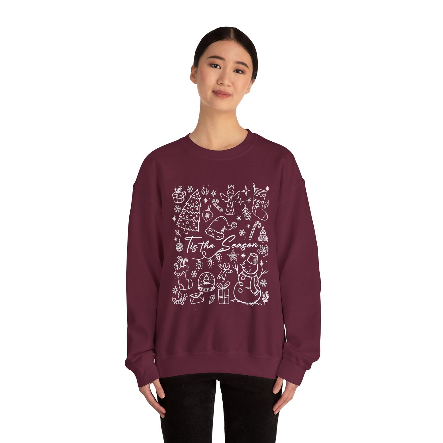 White- Christmas Doodle Line Festive Crewneck Sweatshirt, Cozy Holiday Sweatshirt, Perfect for Christmas, Seasonal Gift, Winter Wear