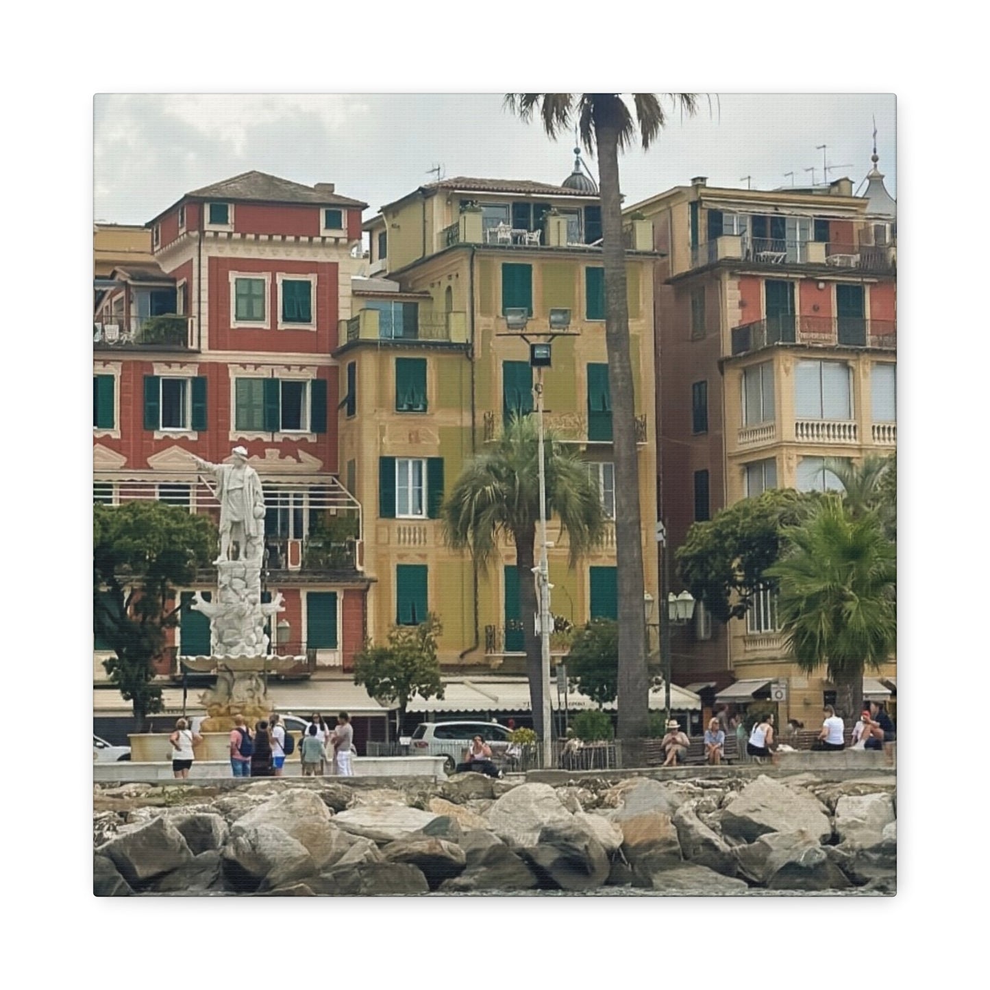 Italian Waterfront Homes - Stretched Matte Canvas Wall Art, Coastal Villa Print, Home Decor, Italain Beach Scene, Interior Design, Gift for Art Lovers
