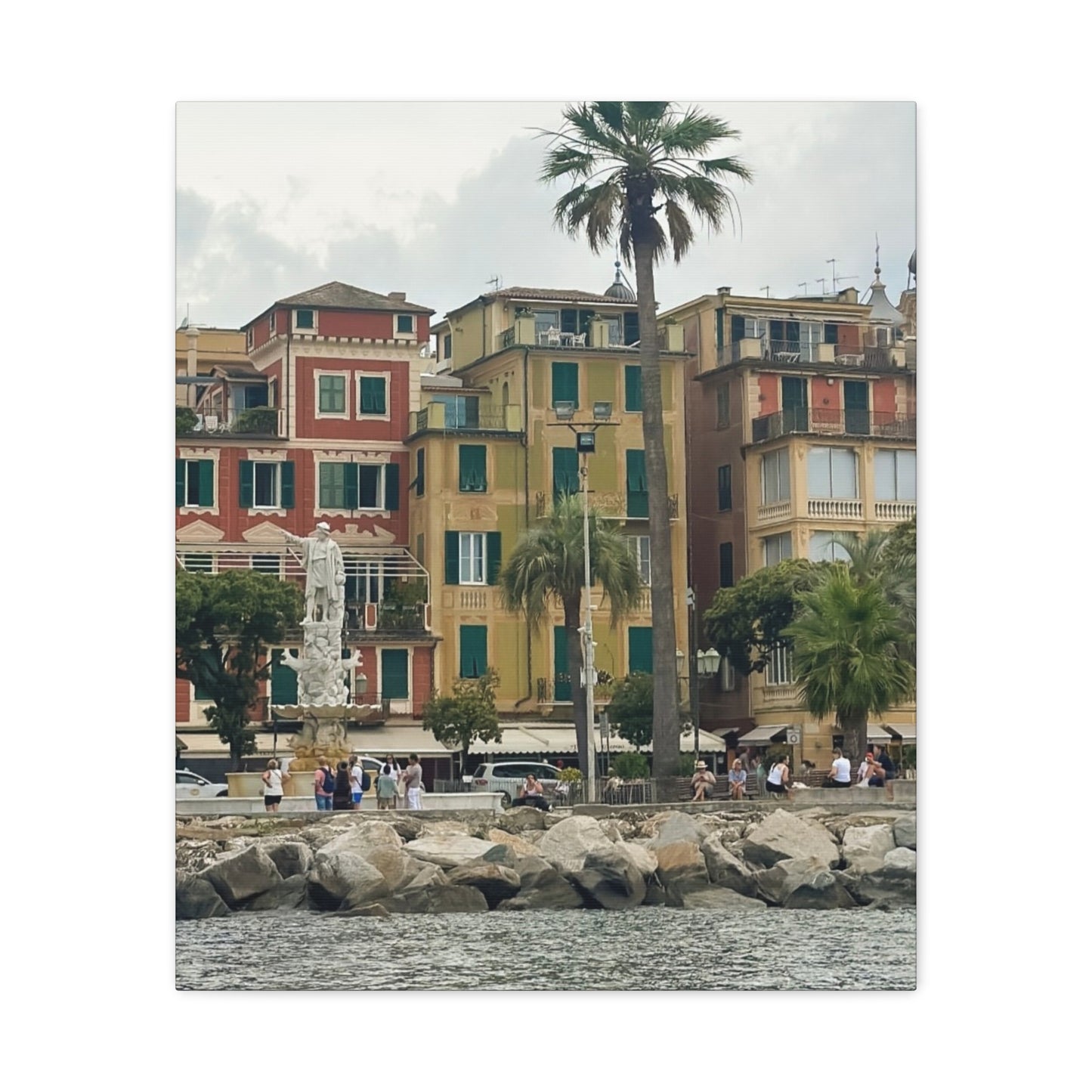 Italian Waterfront Homes - Stretched Matte Canvas Wall Art, Coastal Villa Print, Home Decor, Italain Beach Scene, Interior Design, Gift for Art Lovers