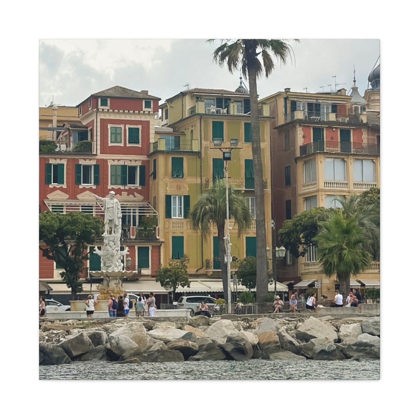Italian Waterfront Homes - Stretched Matte Canvas Wall Art, Coastal Villa Print, Home Decor, Italain Beach Scene, Interior Design, Gift for Art Lovers