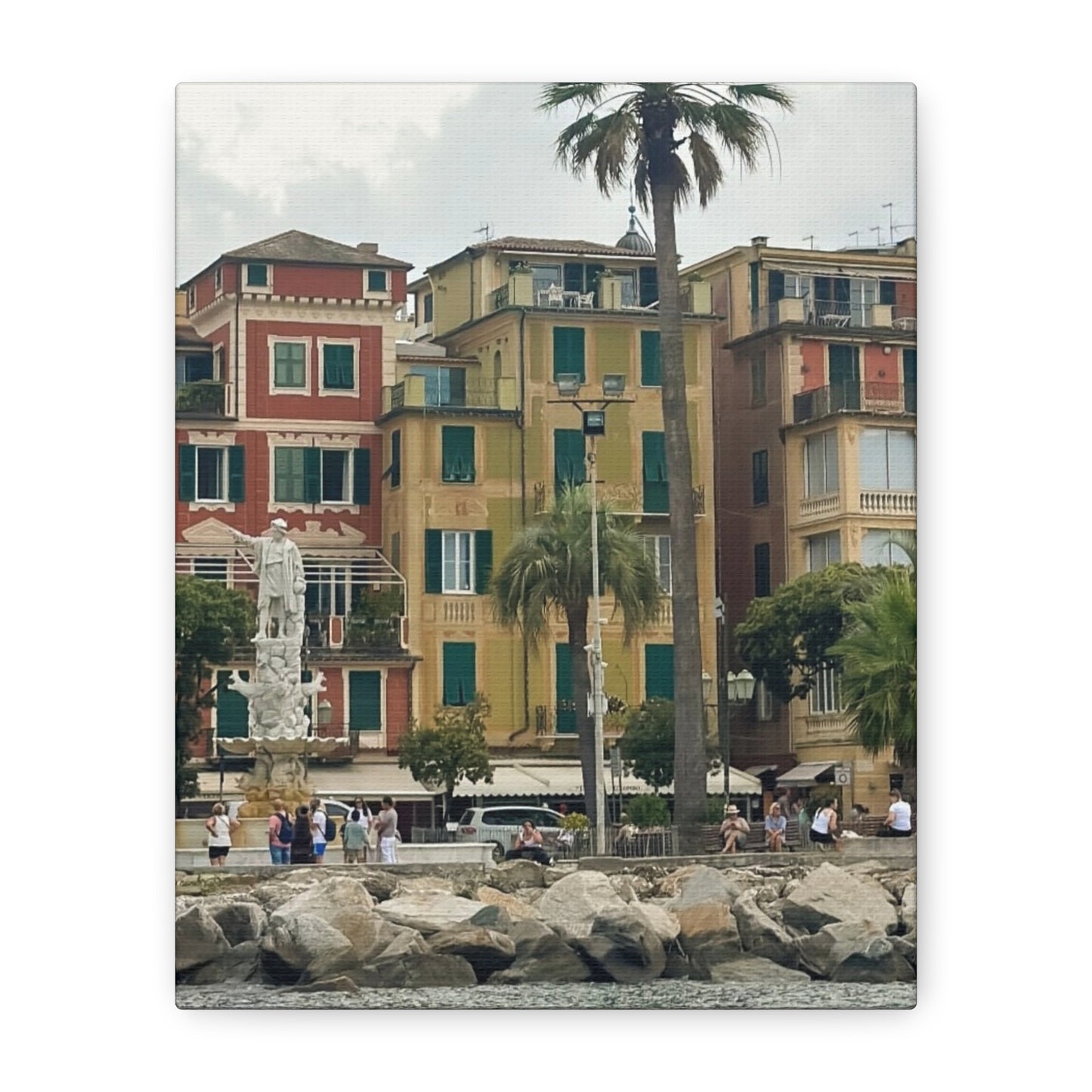 Italian Waterfront Homes - Stretched Matte Canvas Wall Art, Coastal Villa Print, Home Decor, Italain Beach Scene, Interior Design, Gift for Art Lovers
