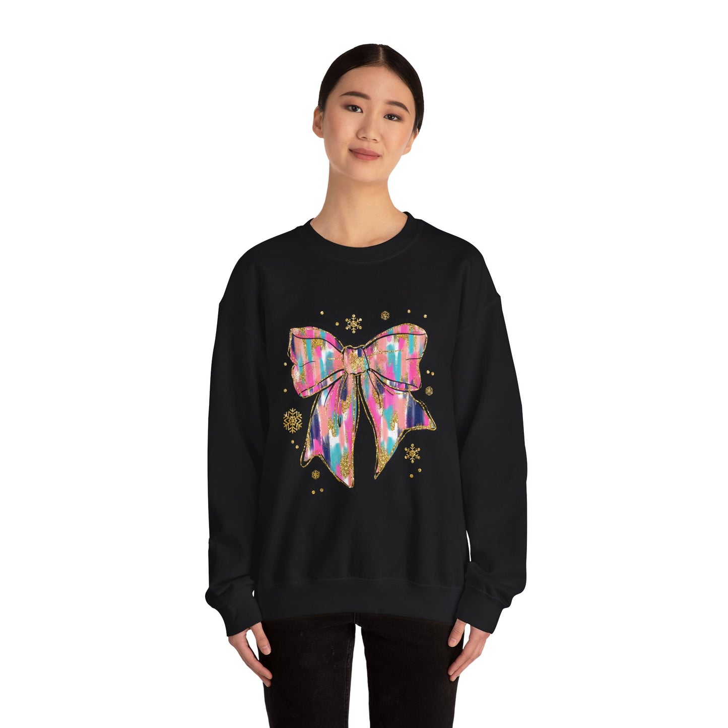 Colorful Bow Graphic Crewneck Sweatshirt, Cozy Winter Sweater, Gift for Her, Holidays, Casual Fashion