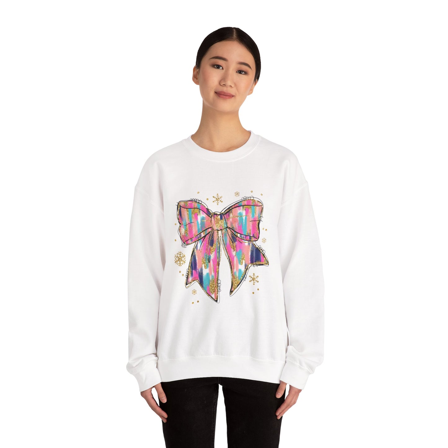 Colorful Bow Graphic Crewneck Sweatshirt, Cozy Winter Sweater, Gift for Her, Holidays, Casual Fashion