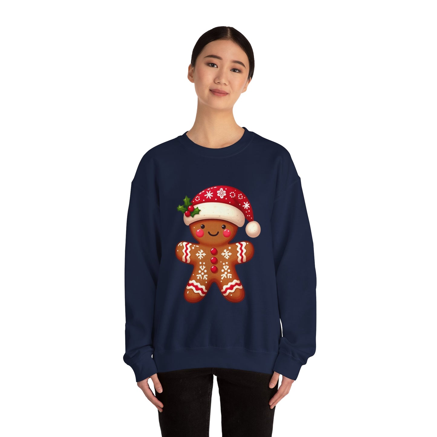 Holiday Gingerbread Man Crewneck Sweatshirt with Santa Hat Design