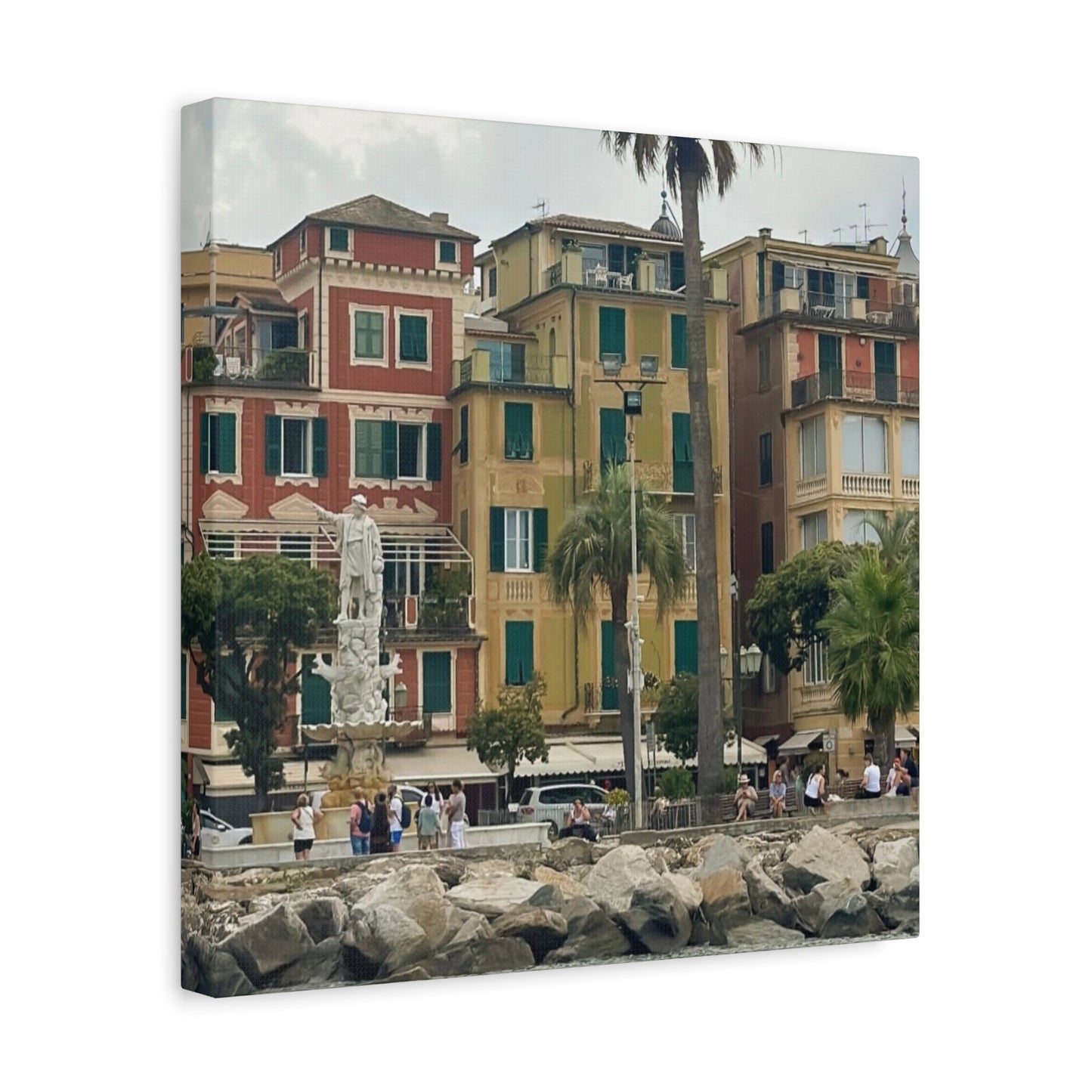 Italian Waterfront Homes - Stretched Matte Canvas Wall Art, Coastal Villa Print, Home Decor, Italain Beach Scene, Interior Design, Gift for Art Lovers